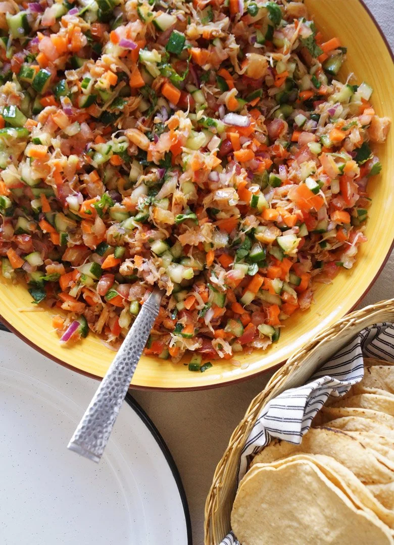 Ceviche de camarón seco.