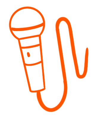 Orange outline of a microphone with a curved cord.