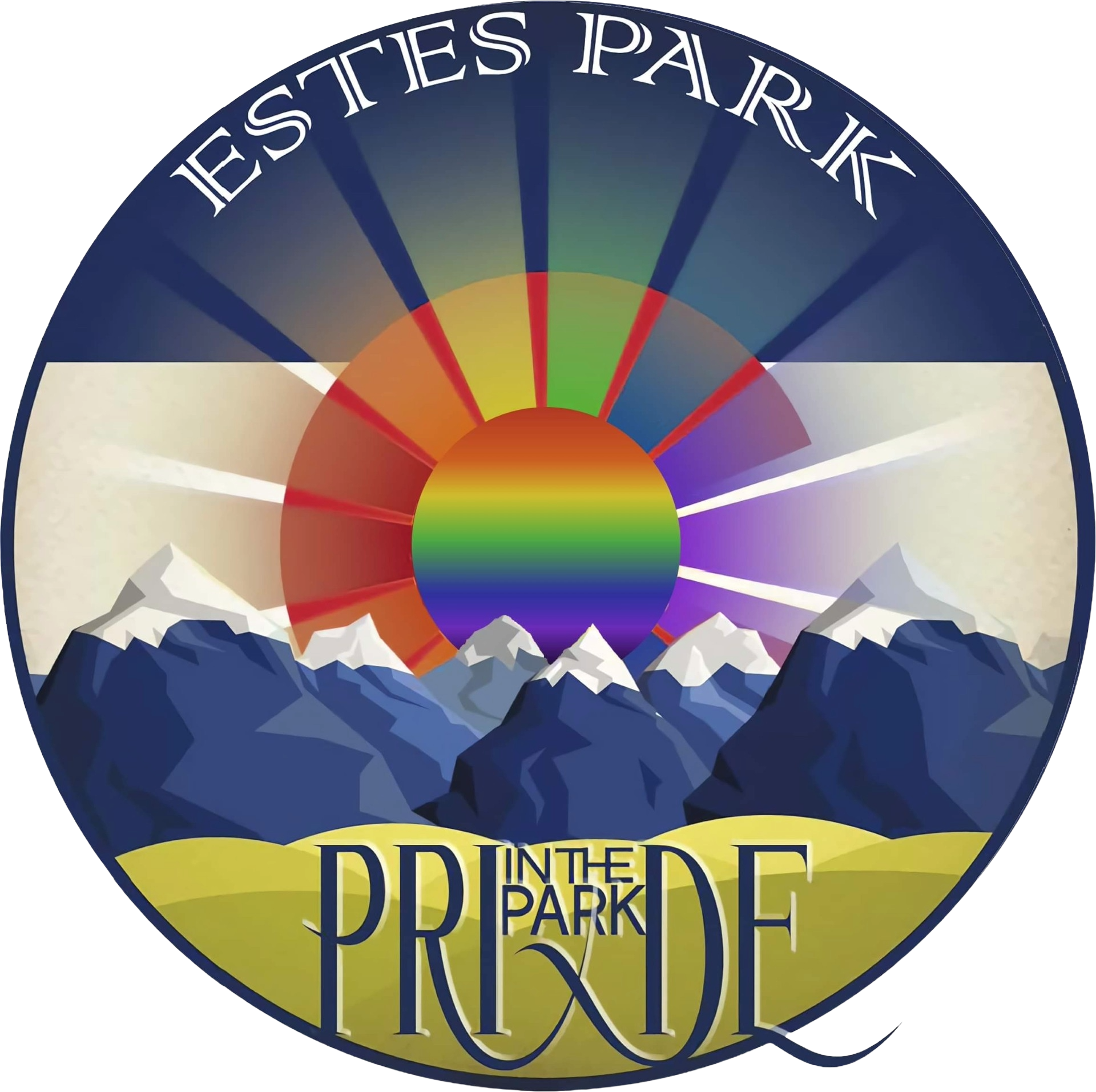 A circular sign with mountain peaks and a colorful sun background, text reading "Estes Park" at the top at the bottom in bold letters reading Pride in the Park.
