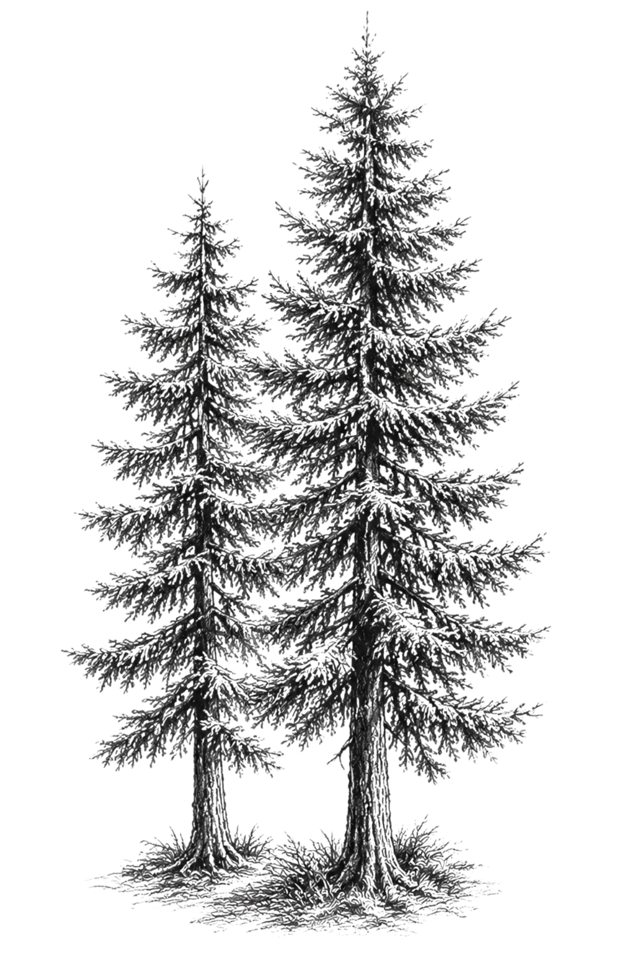 Two evergreen trees, covered in snow, with a black background.