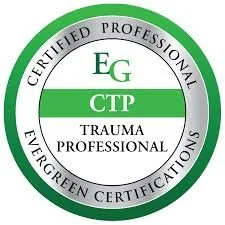 Seal with green and white text indicating Certified Professional, EG, CTP, Trauma Professional, Evergreen Certifications.