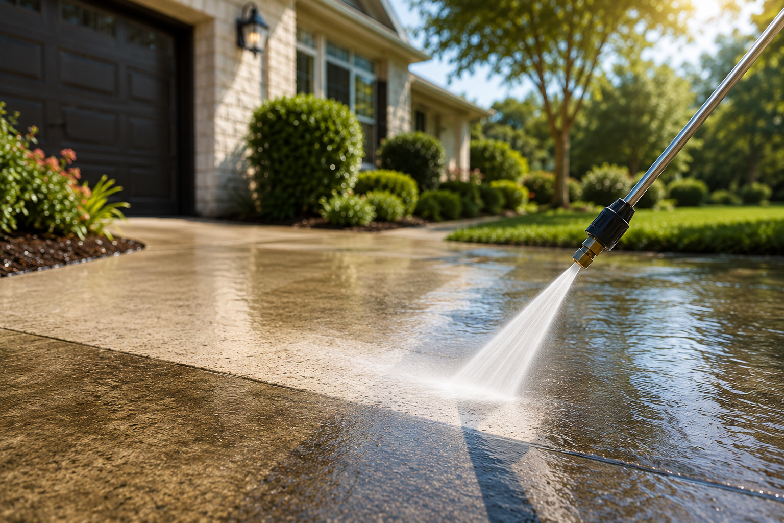 Close-up of a pressure washer spraying water on a concrete driveway in front of a house with well-maintained landscaping and trees.