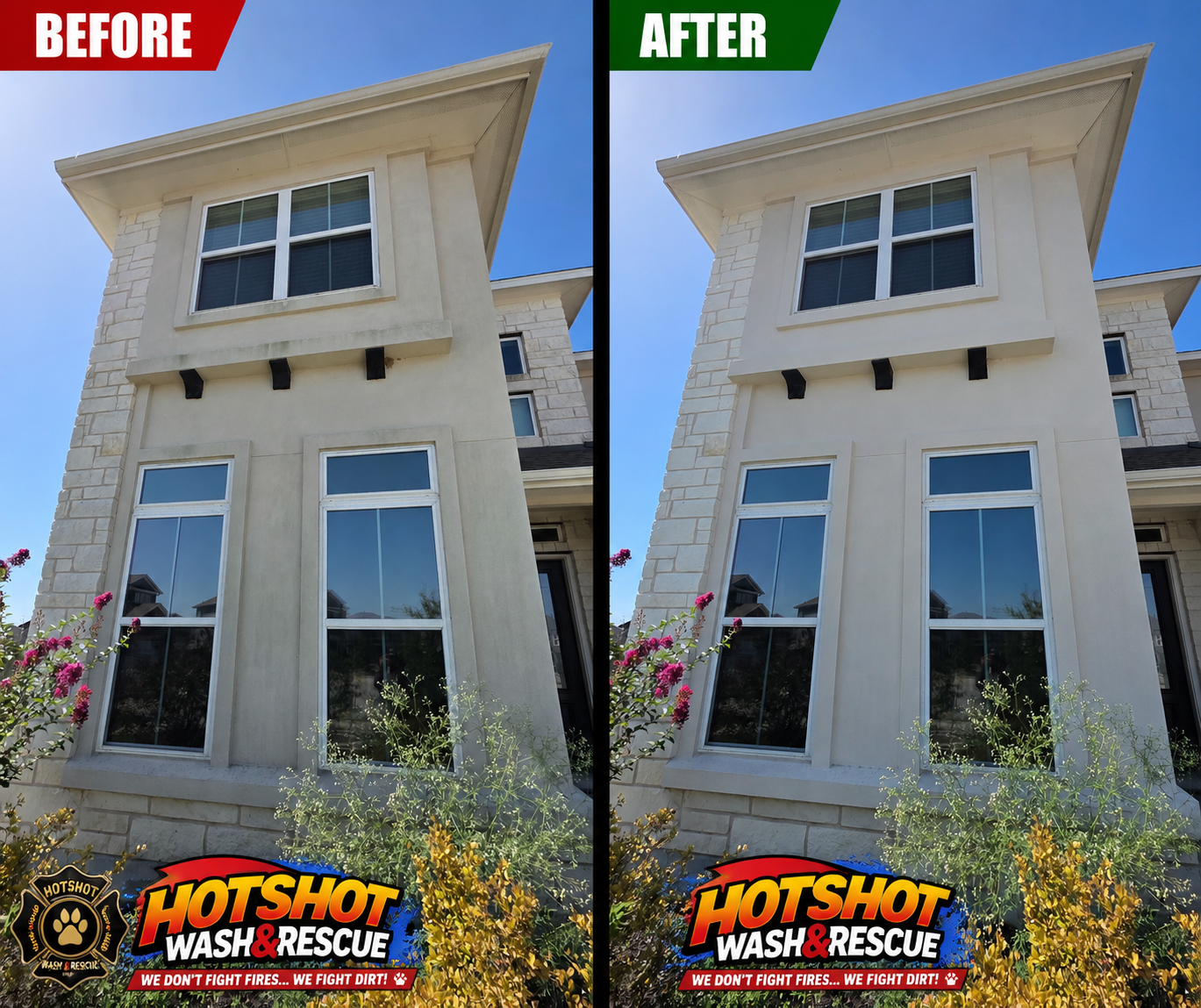 This is a before and after picture of a house wash in round rock