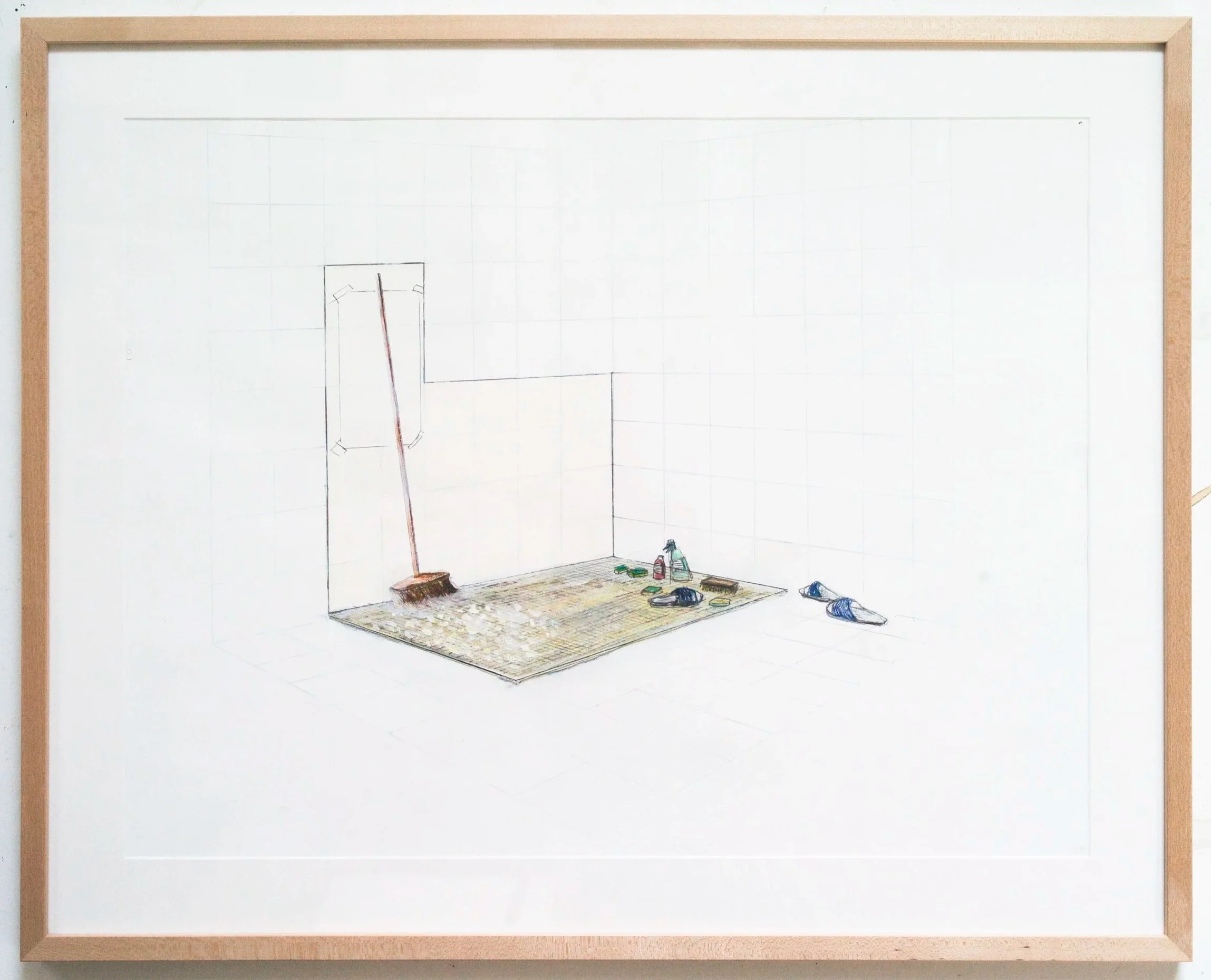 *Bathroom* 2024. Crayon et encre sur papier. 77,5 cm (cadre inclus).