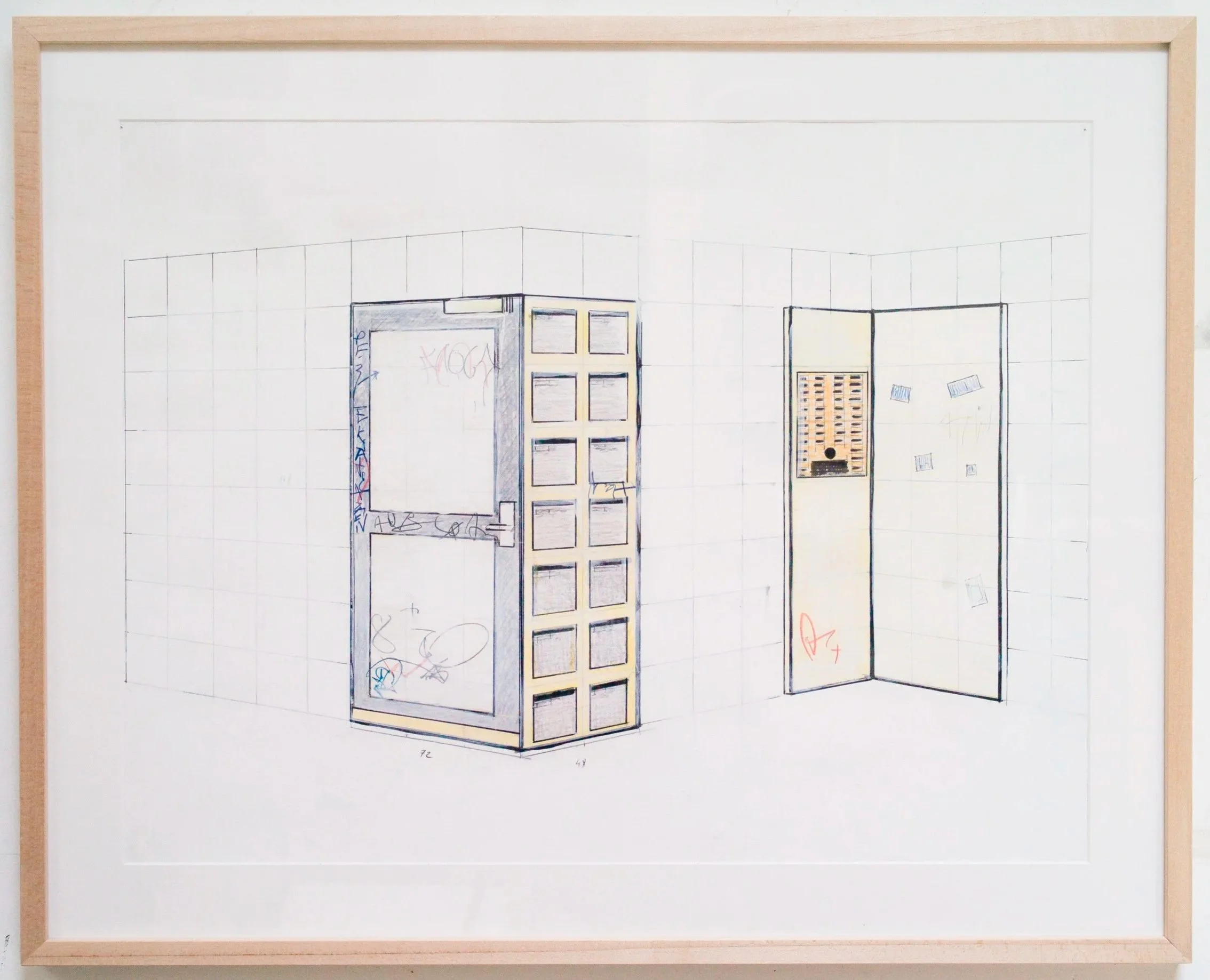 *Lobby*, 2024. Crayon et encre sur papier / 77,5 x 63 cm (cadre inclus).