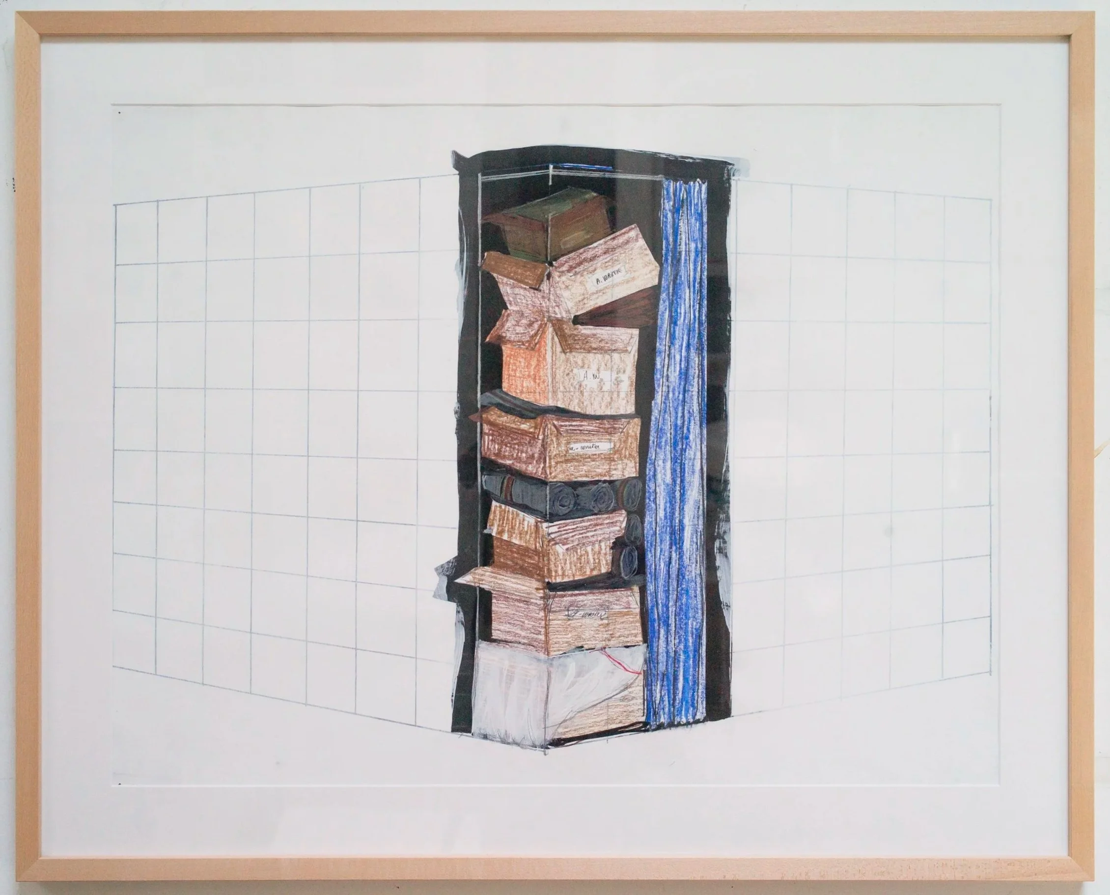 *Boxes & curtain*, 2024. Crayon et encre sur papier / 77,5 x 63 cm (cadre inclus).