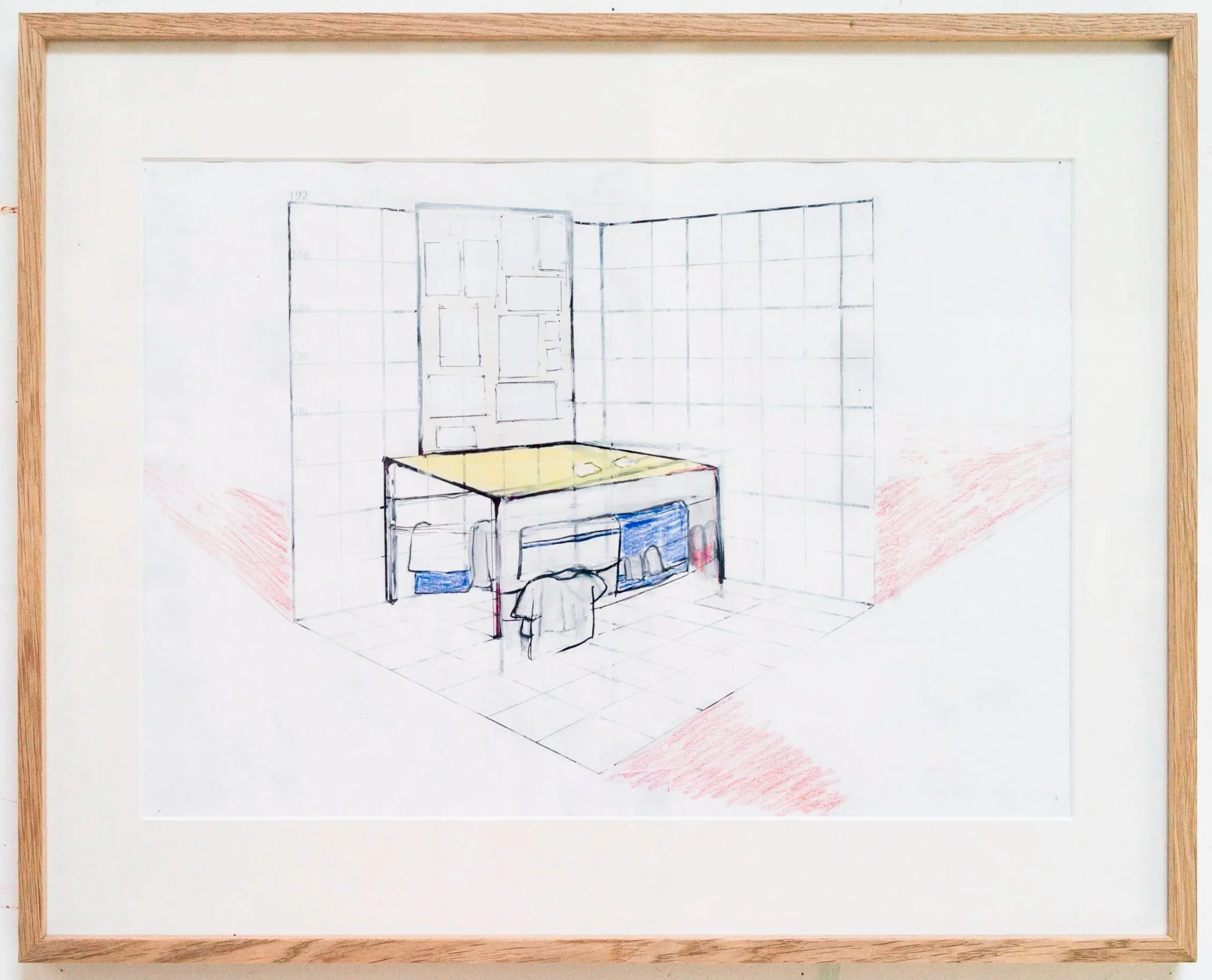 *Desk & Clothes*, 2024. Crayon et encre sur papier / 41,5 x 51 cm (cadre inclus).