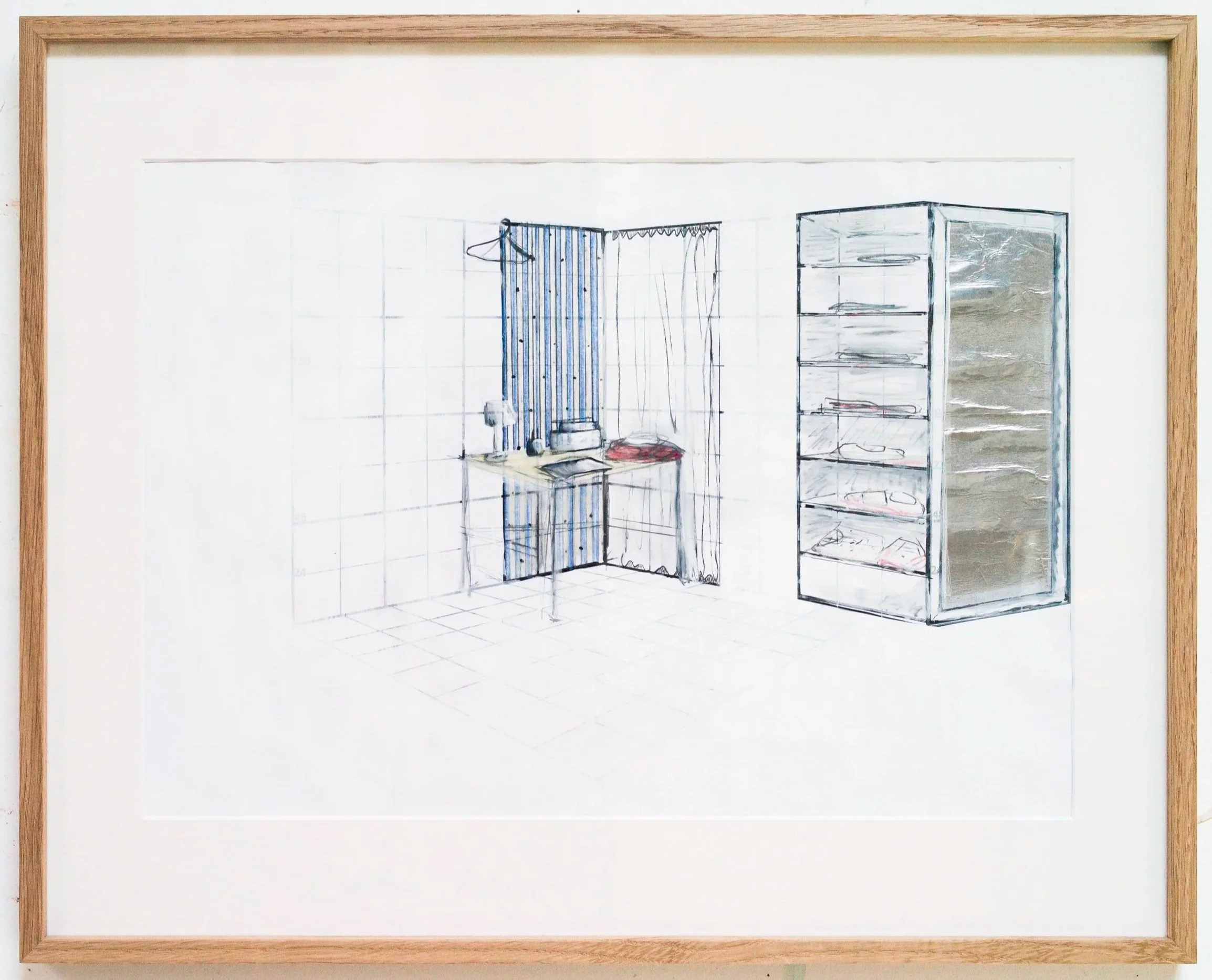 *Desk & Clothes*, 2024. Technique mixte / 77,5 x 63 x 2 cm (cadre inclus).