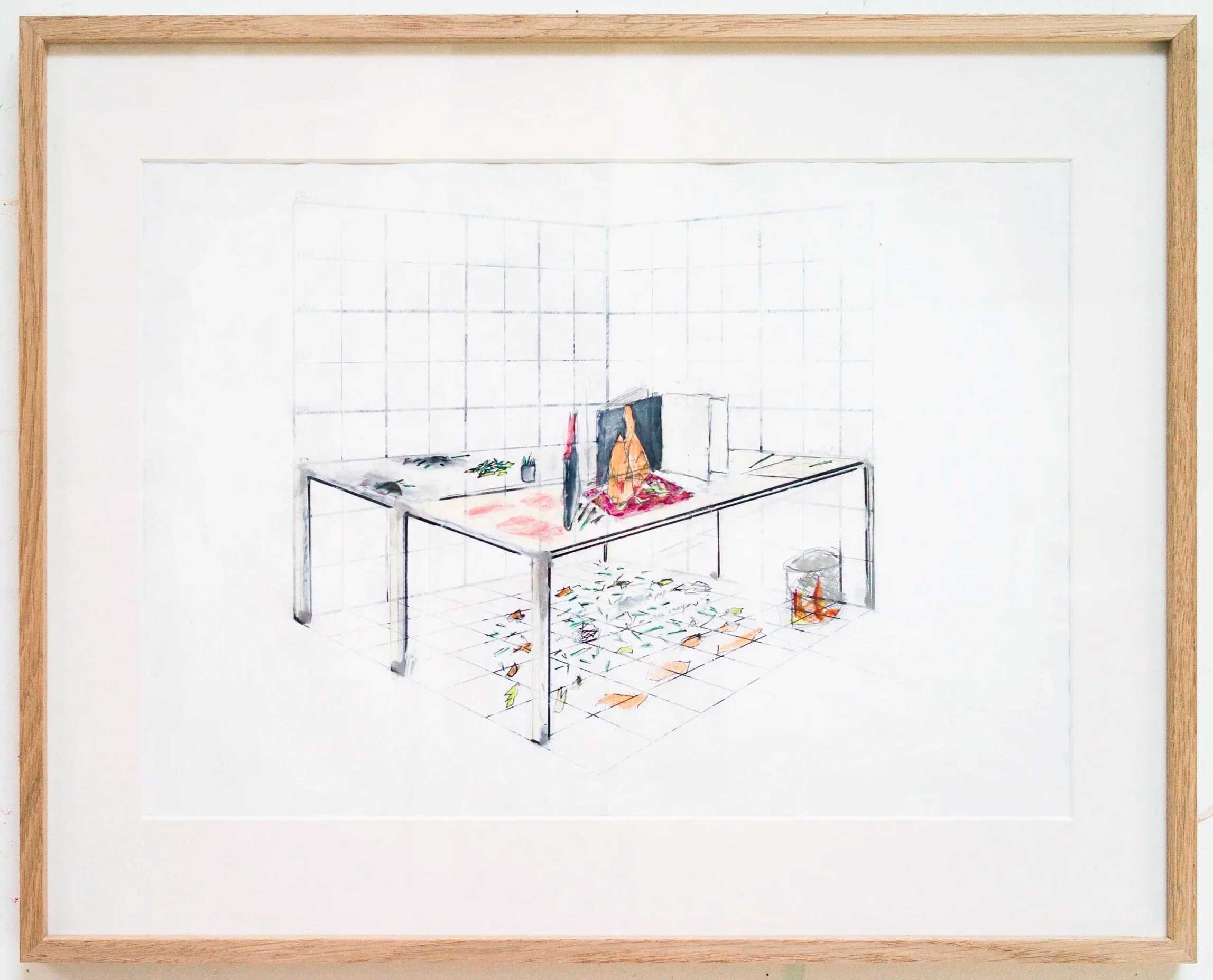 *A.Writer Sets His Desk On Fire*, 2024. Crayon et encre sur papier / 41,5 x 51 cm (cadre inclus).
