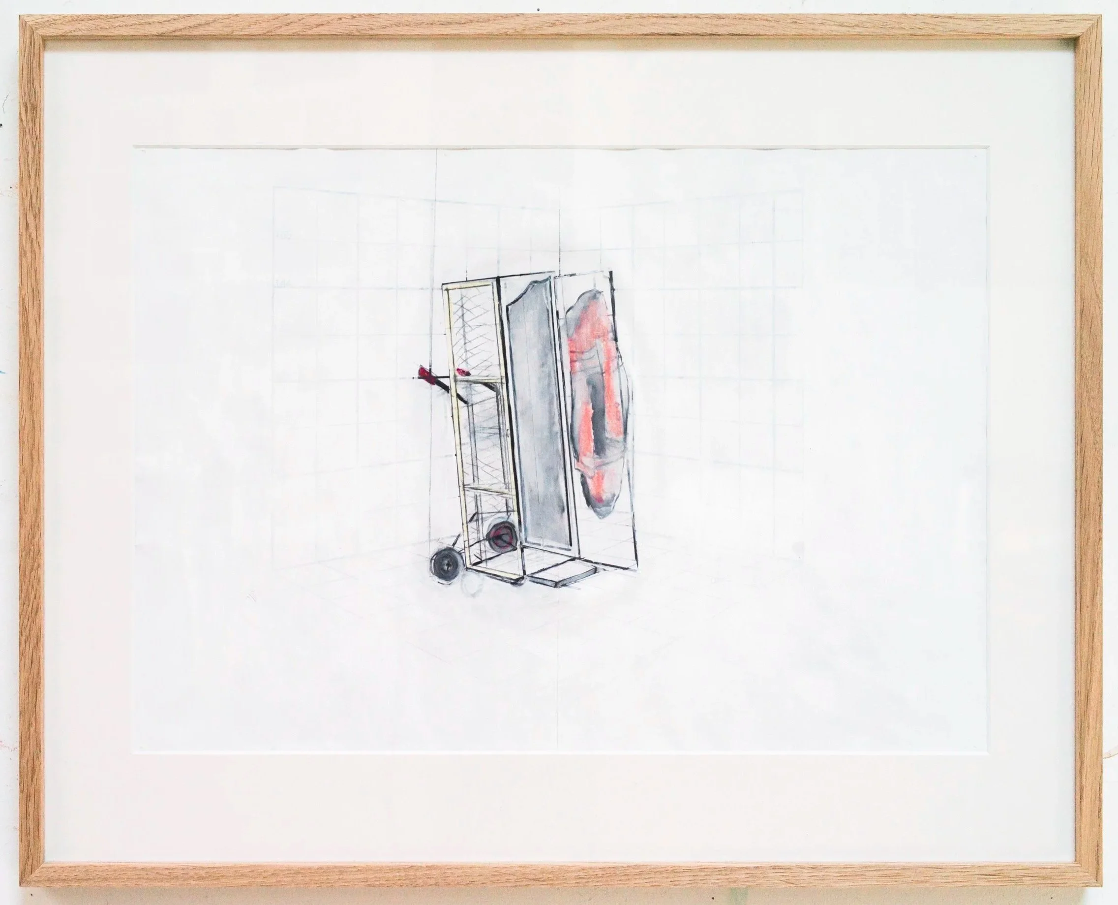 *Cloackroom Trolley*, 2024. Crayon et encre sur papier / 41,5 x 51 cm (cadre inclus).