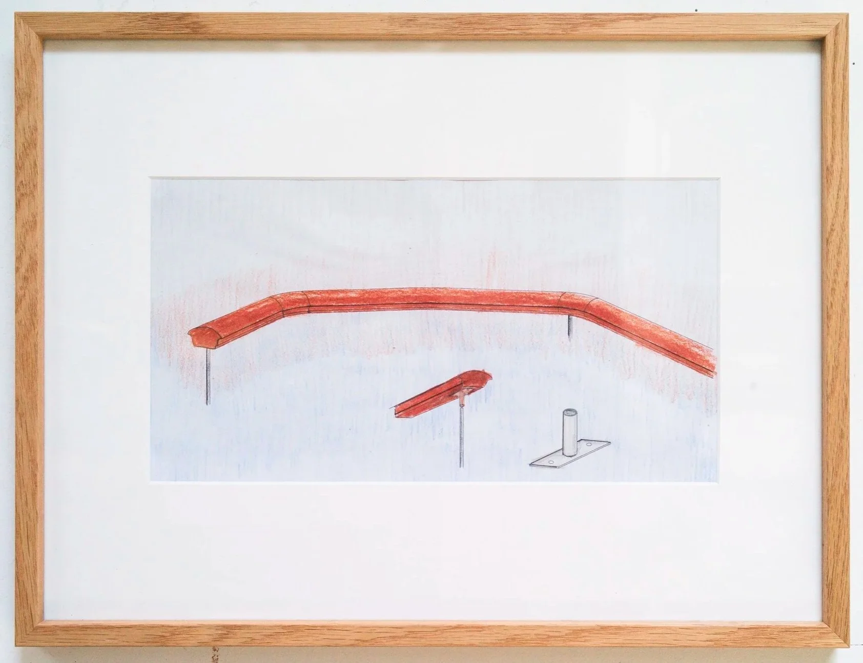 *Handrail-Detail*, 2022. Crayon et encre sur papier / 32 x 42 cm (cadre inclus).