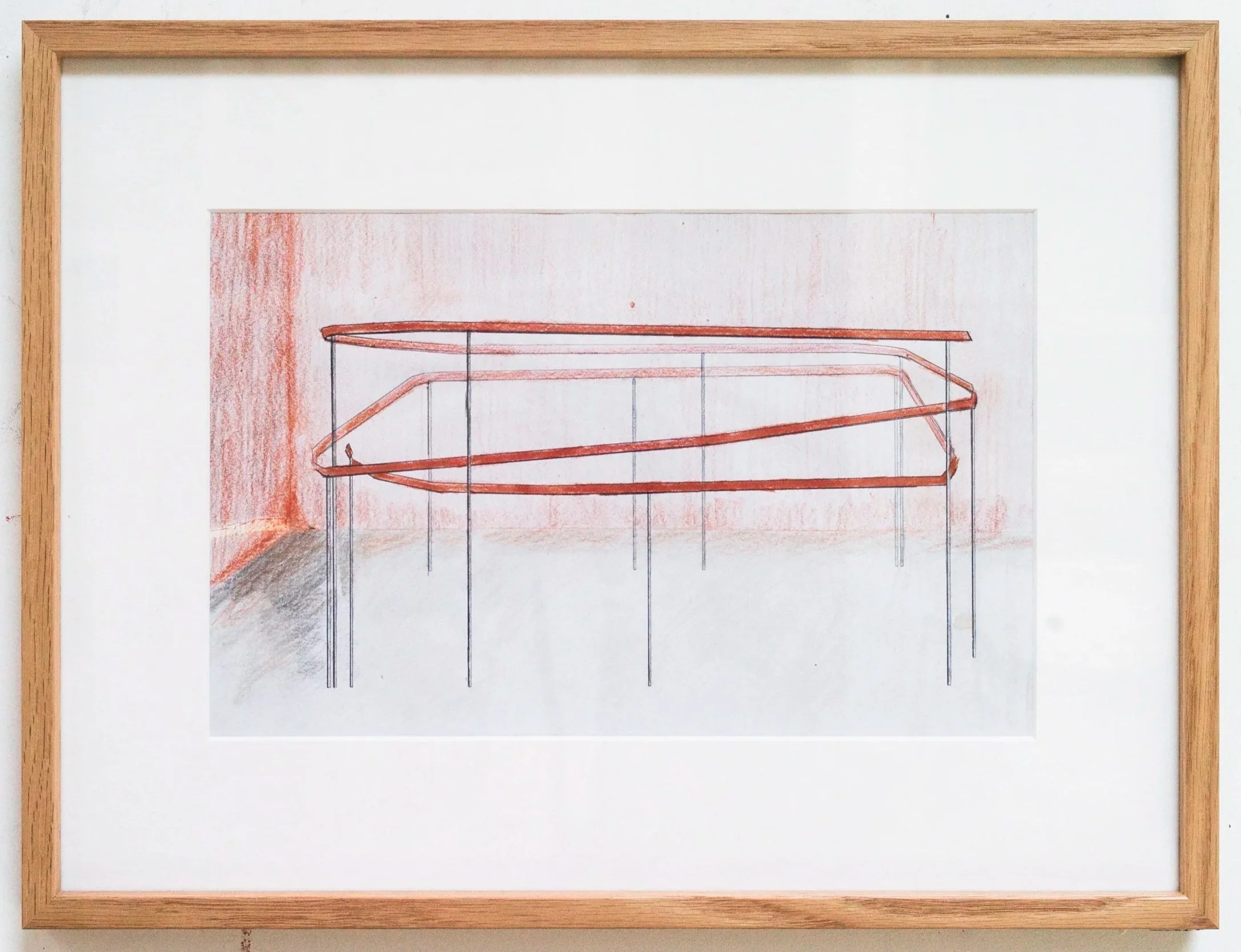 *Handrail*, 2022. Crayon et encre sur papier / 32 x 42 cm (cadre inclus).