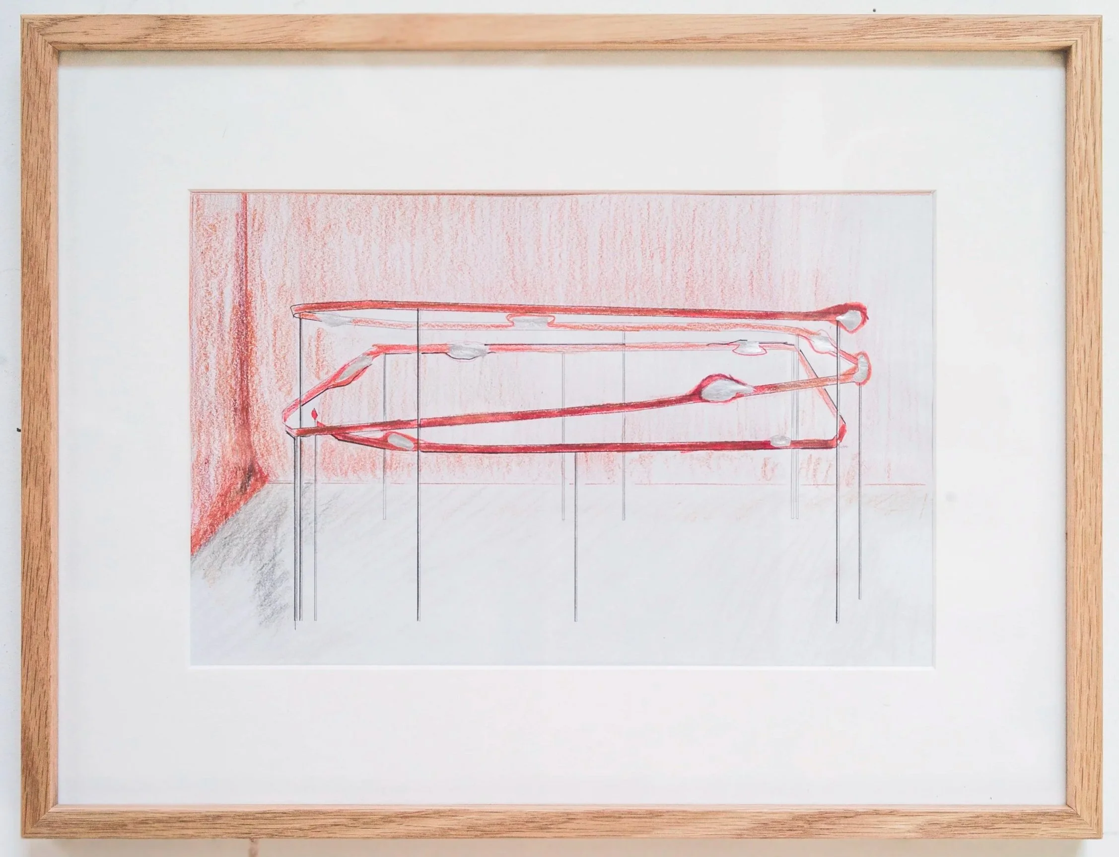 *Reflective Handrail*, 2022. Crayon et encre sur papier / 32 x 42 cm (cadre inclus).
