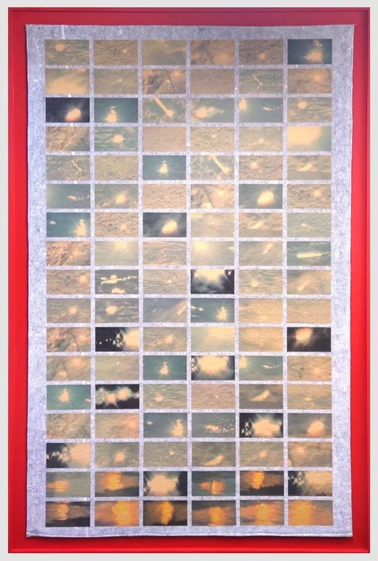 *Undercover* 2022.  Collage de photographies sur couverture de déménagement / 189,5 x 122 × 4 cm (cadre inclus).