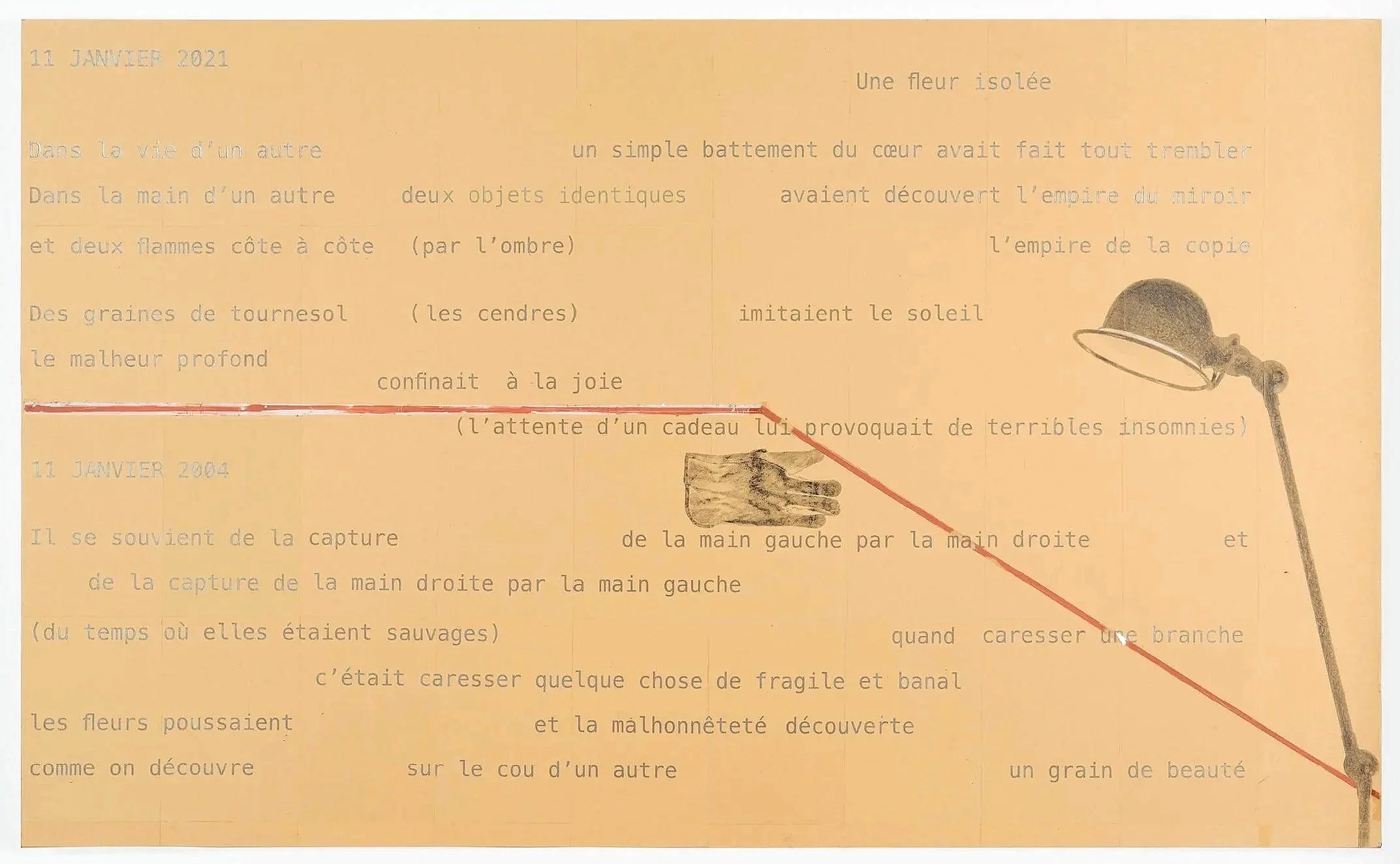 *L'empire du miroir*, 2022. Texte, papier, encre, argile, et crayon sur carton (monté sur bois) / 194 x 120 x 5 cm. 