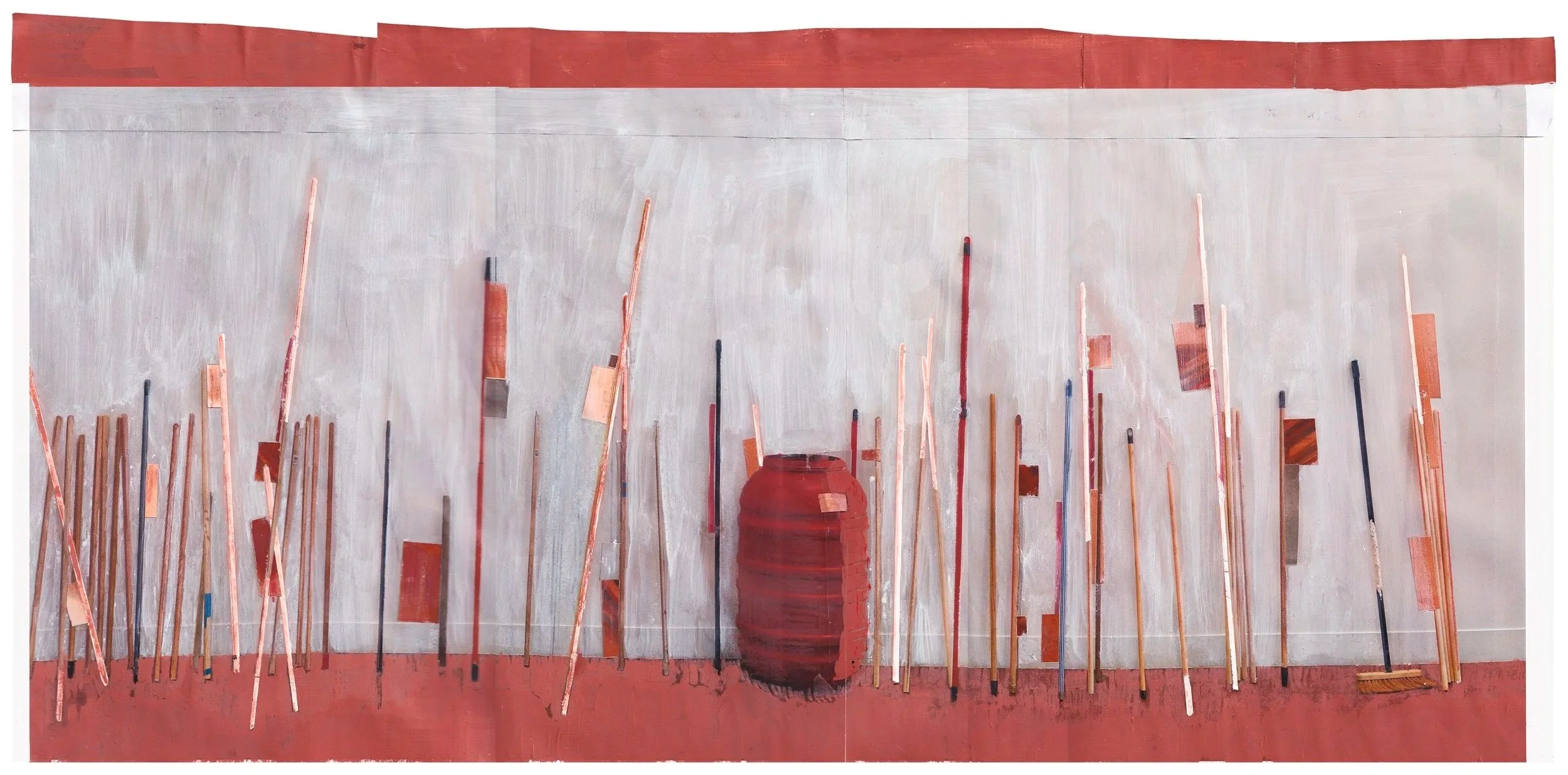 *Their Broom*, 2022. Collage sur papier, argile, plastique, encre & gouache / 32 x 70 cm.
