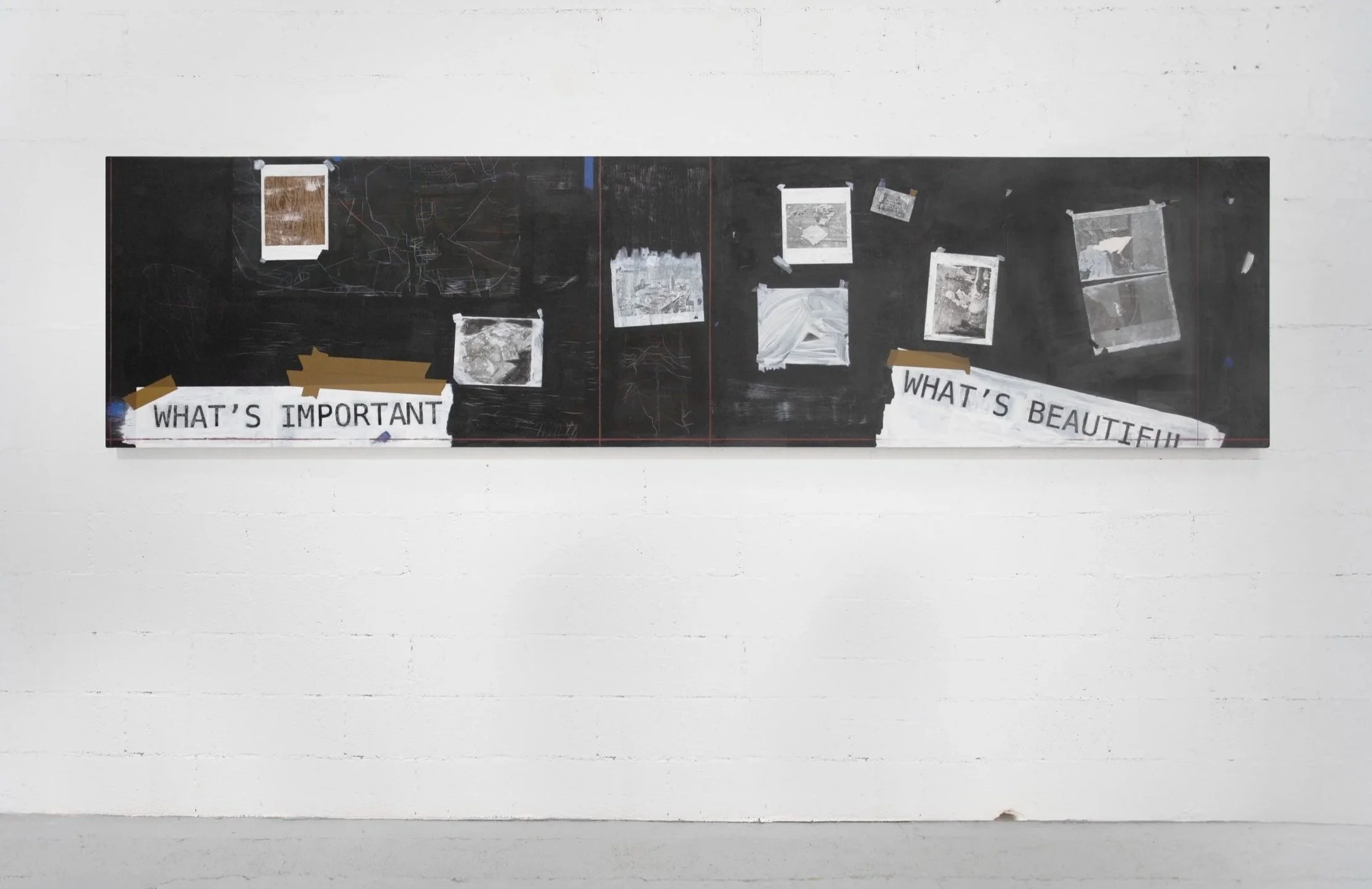 *What’s Important / What’s Beautiful 2*, 2024. Peinture sur papier, châssis / 90 x 370 x 4 cm.