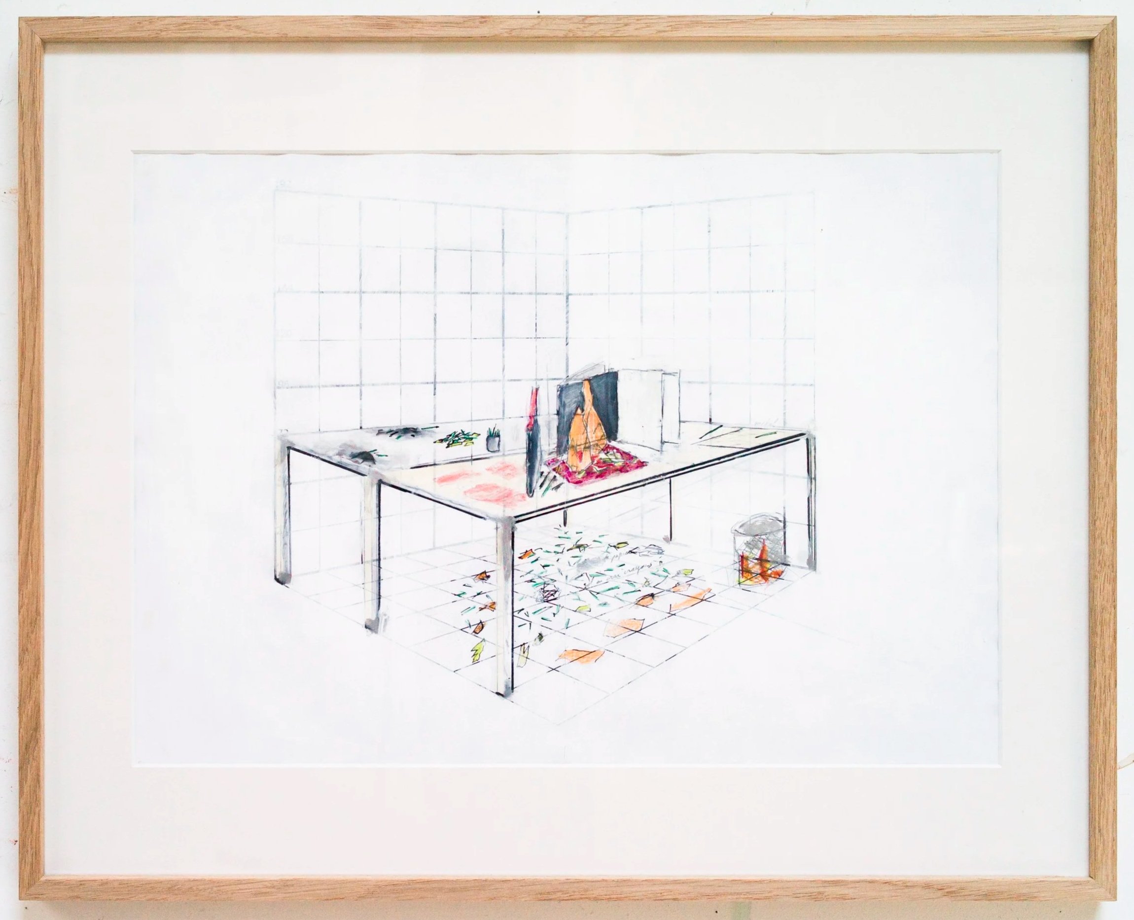 *A.Writer Sets His Desk On Fire*, 2024. Technique mixte / 41,5 x 51 cm (cadre inclus).