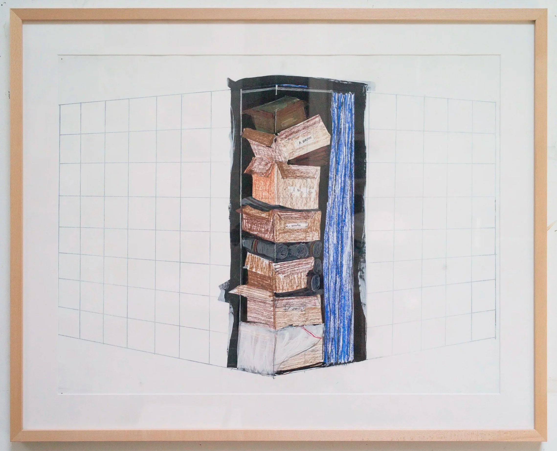 *Boxes & curtain*, 2024. Technique mixte / 77,5 x 63 cm (cadre inclus).