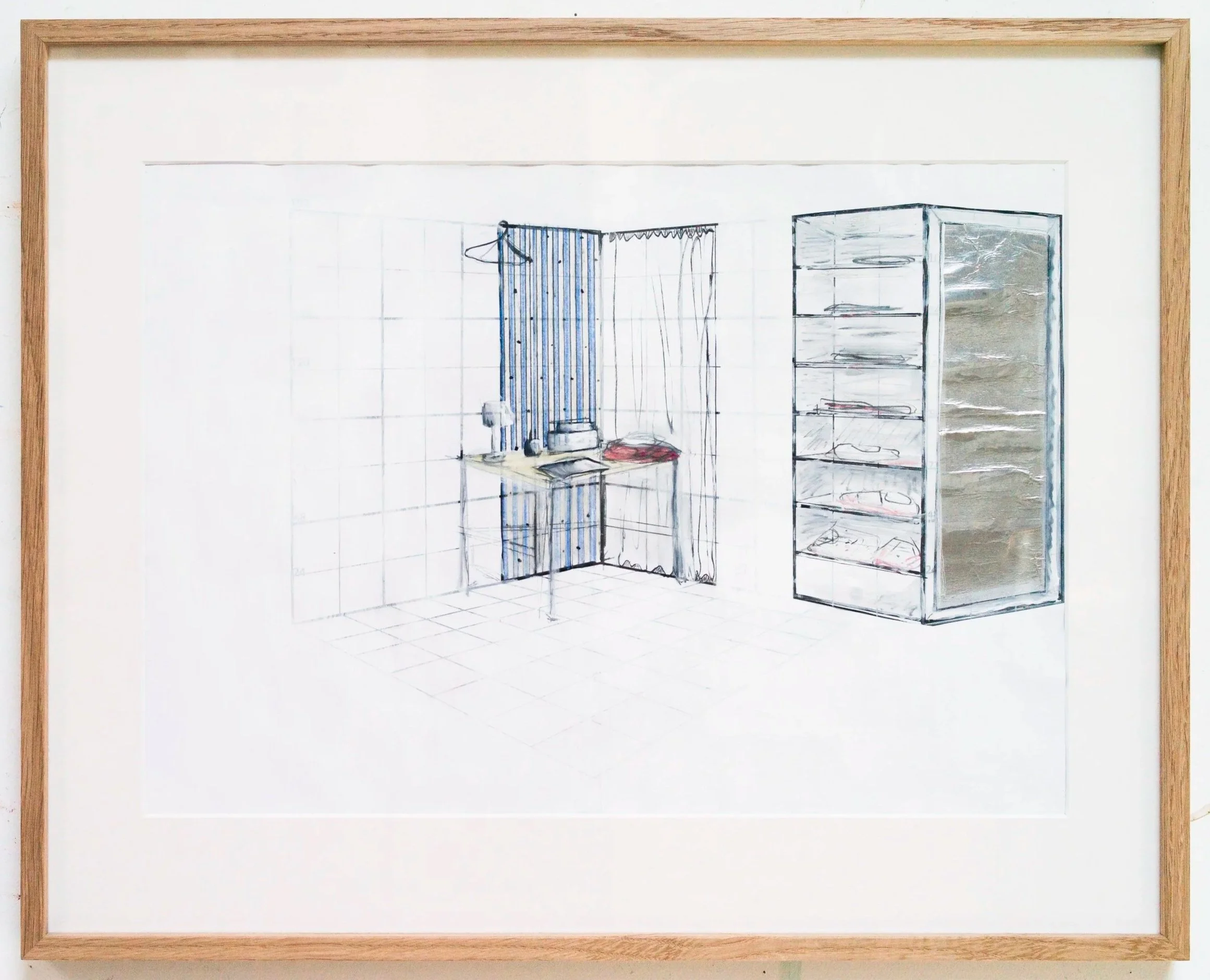 *Desk & Clothes*, 2024. Technique mixte / 77,5 x 63 x 2 cm (cadre inclus).