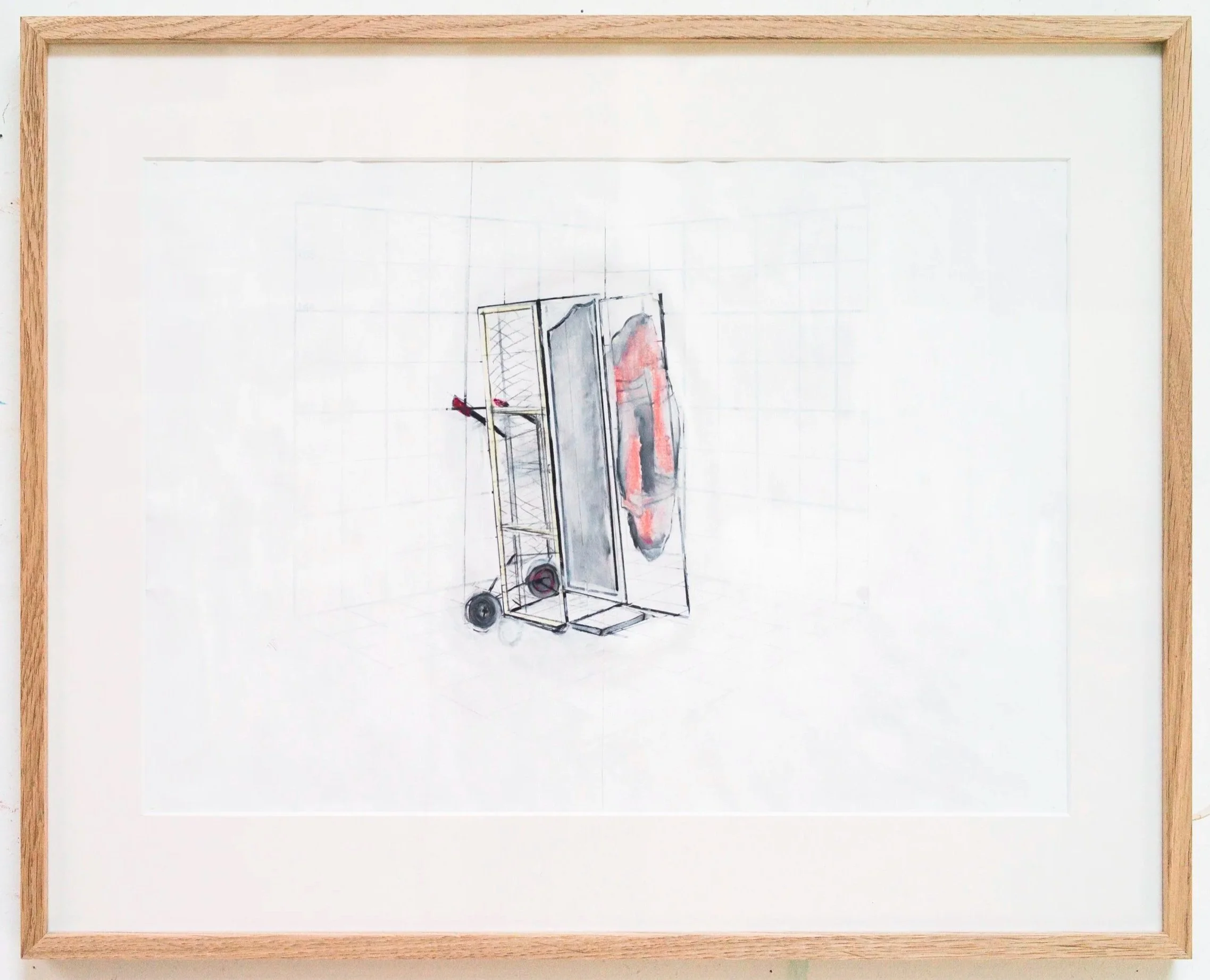 *Cloackroom Trolley*, 2024. Technique mixte / 41,5 x 51 cm (cadre inclus).