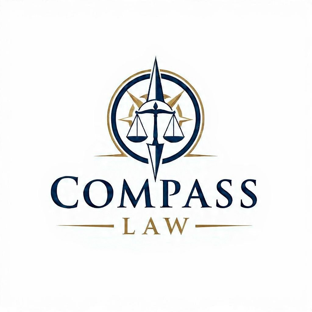 Logo for Compass Law featuring a compass with scales of justice in the center, the words 'COMPASS LAW' beneath, and gold accents.