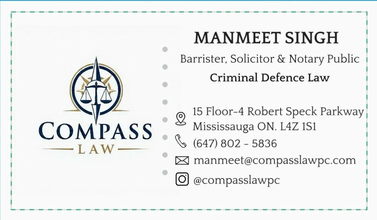 Business card for Manmeet Singh, a criminal defense lawyer and notary public. Contains a logo with a compass and scales of justice, contact information including address in Mississauga, phone number, email, and Instagram handle.