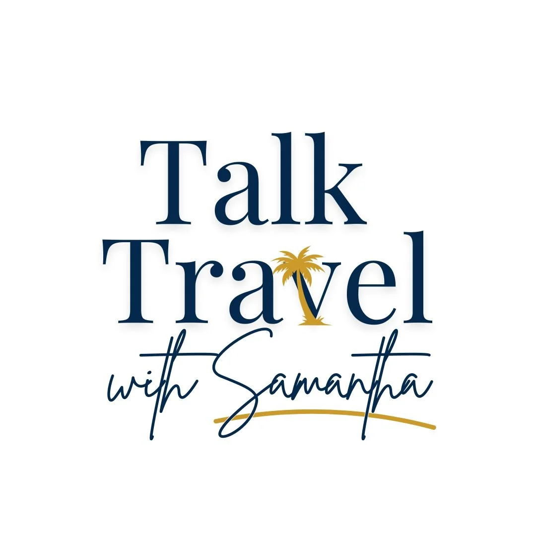 Logo for 'Talk Travel with Samantha' featuring dark blue text, a gold palm tree, and a gold underline.