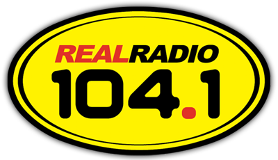 Radio station logo for Real Radio 104.1, featuring yellow oval background with red and black text.