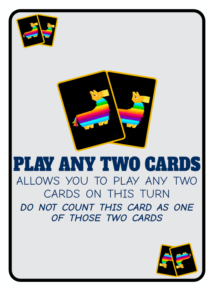 A game card instructs players to play any two cards on their turn and not to count one of the cards as part of the pair, featuring colorful llama illustrations.