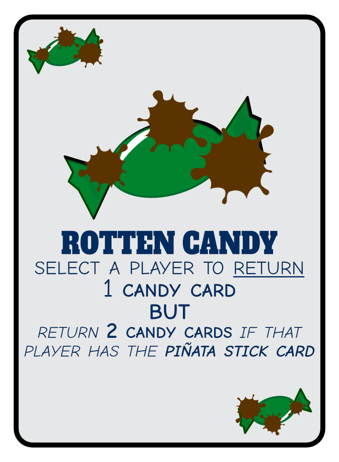 Playing card titled 'Rotten Candy' with illustrations of candy with splattered chocolate or dirt, instructions for a game involving candy cards, including returning candy cards or if holding a Piñata Stick card.