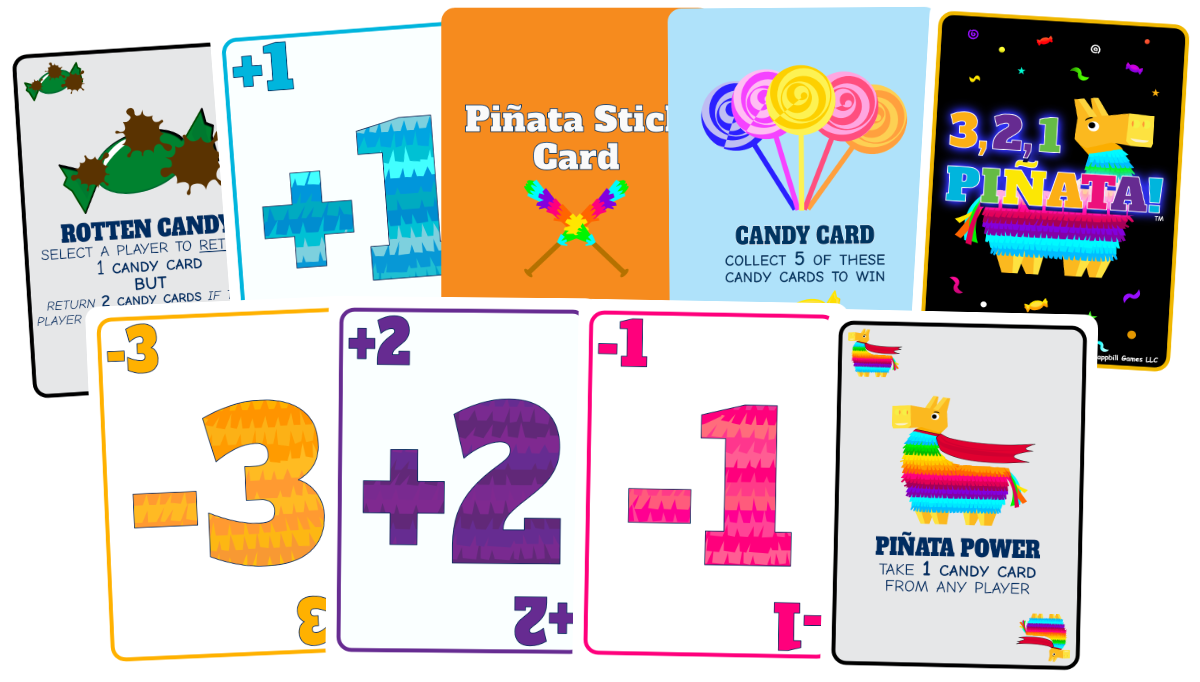 Colorful assortment of Llama Llama Piñata themed camouflage cards from the game Piñata Power, including candy cards and action cards with various point values and instructions, in a playful, festive style.