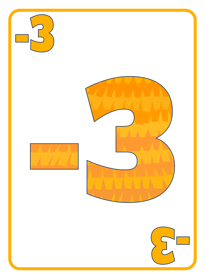 Playing card featuring the number -3, with a large, orange, zigzag-patterned three in the center and the minus sign to the left.