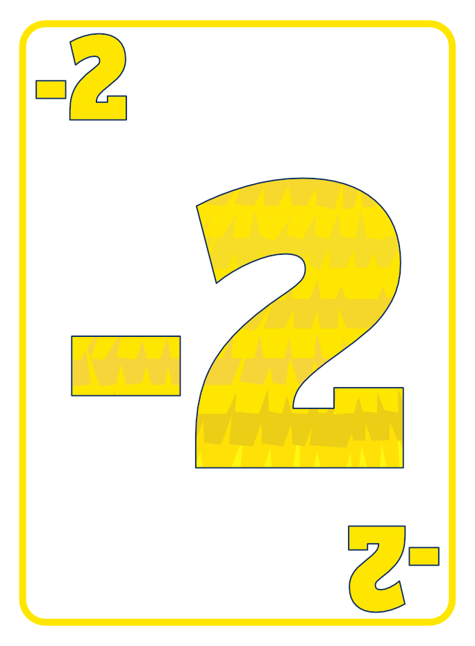 Playing card with yellow background and large yellow number 2, featuring a minus sign, a large yellow number 2, and a yellow number 2 at the corners.