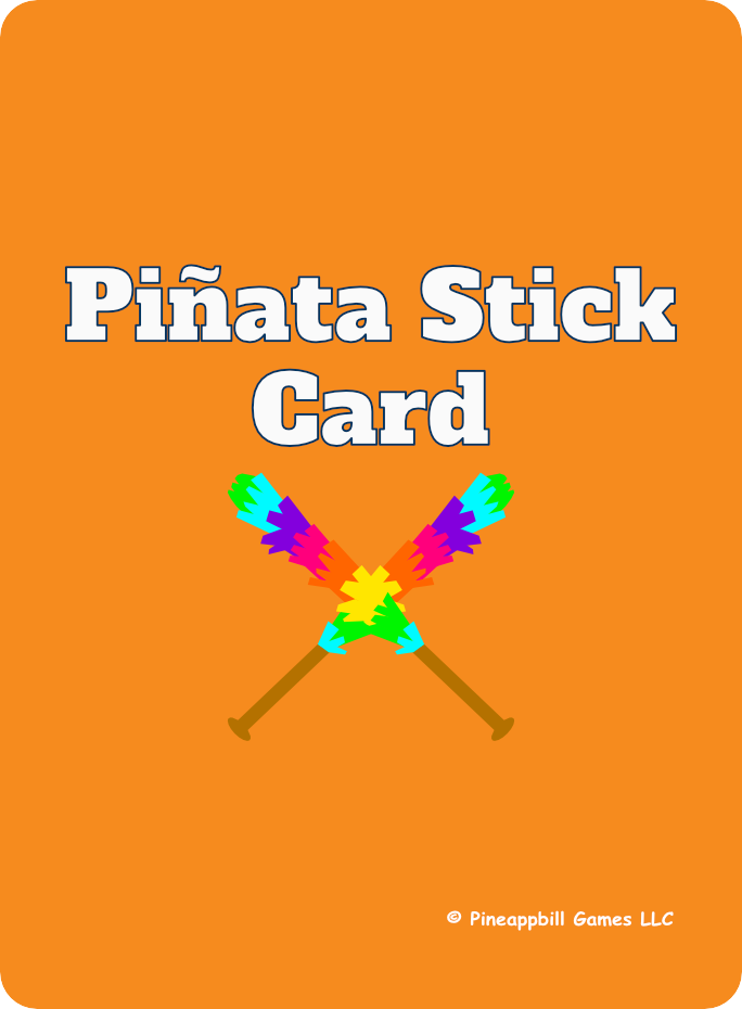 A bright orange card titled 'Piñata Stick Card' with colorful piñata sticks crossed in the center and a copyright notice at the bottom.