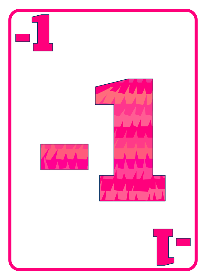 An artistic playing card with a bright pink border, featuring a large pink number "1" with a geometric zigzag pattern inside, and smaller pink minus signs in the top left and bottom right corners.