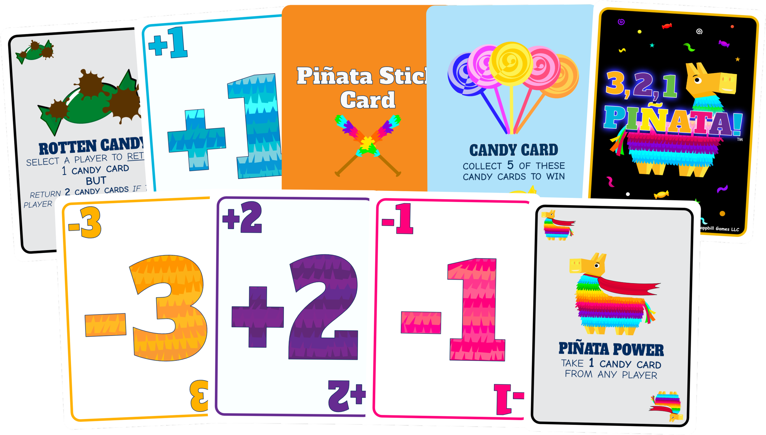 Collection of colorful children's game cards featuring rainbow-colored piñatas, candies, and playful text instructions for game activities.