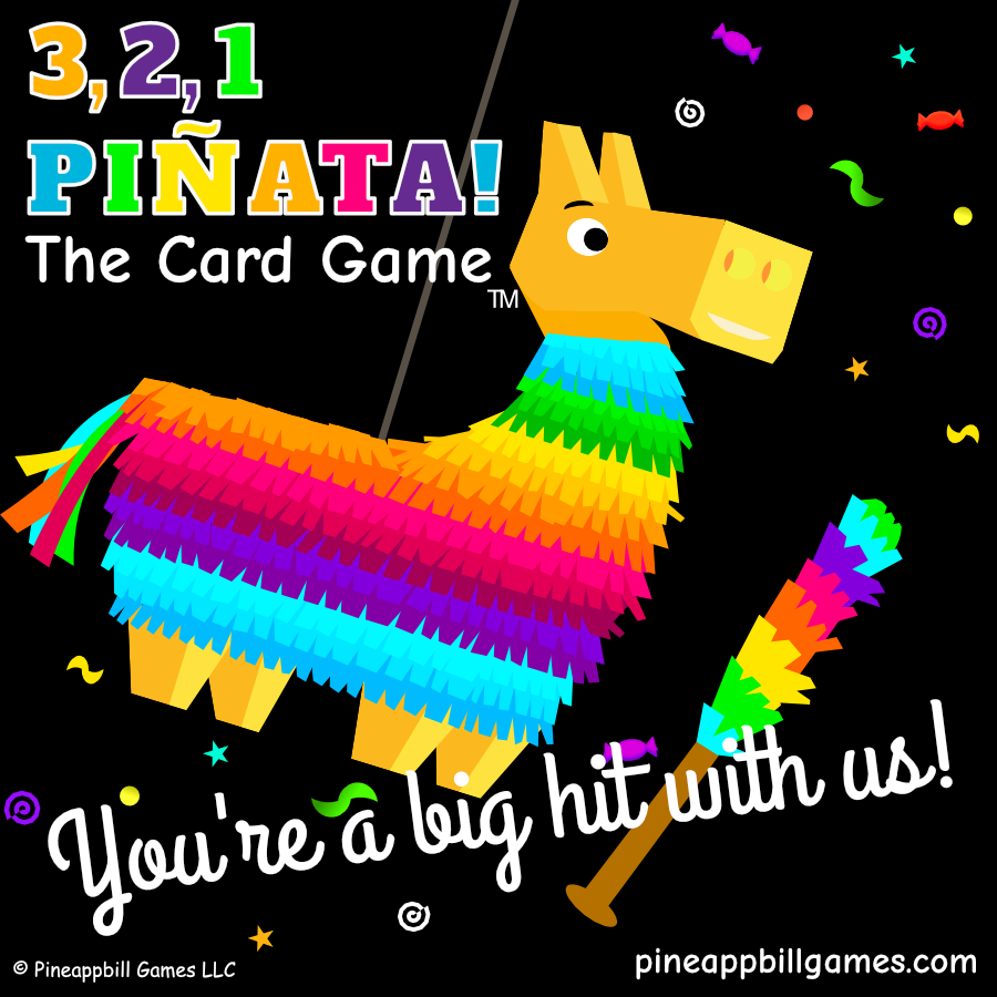 Colorful piñata shaped like a llama or horse with a rainbow-colored fringed body, a yellow face, and a party stick, surrounded by confetti on a black background. Text says '3, 2, 1 PIÑATA! The Card Game' and 'You're a big hit with us!'