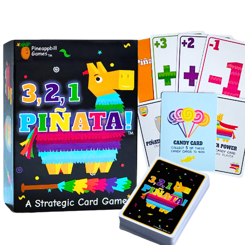 Pinata card game box with colorful piñata illustration, deck of cards, smartphone displaying app, and a candy card from Pineapple Games.