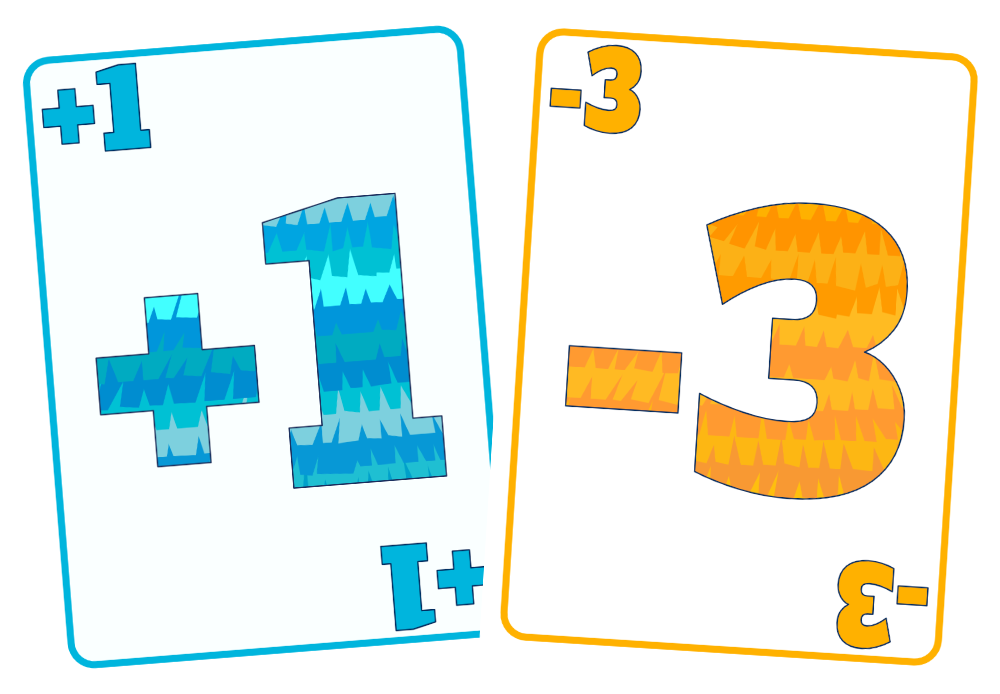 Two colorful flashcards showing basic math subtraction and addition. The left card, with a blue border, displays +1 and 1, representing addition. The right card, with an orange border, shows -3 and 3, representing subtraction.