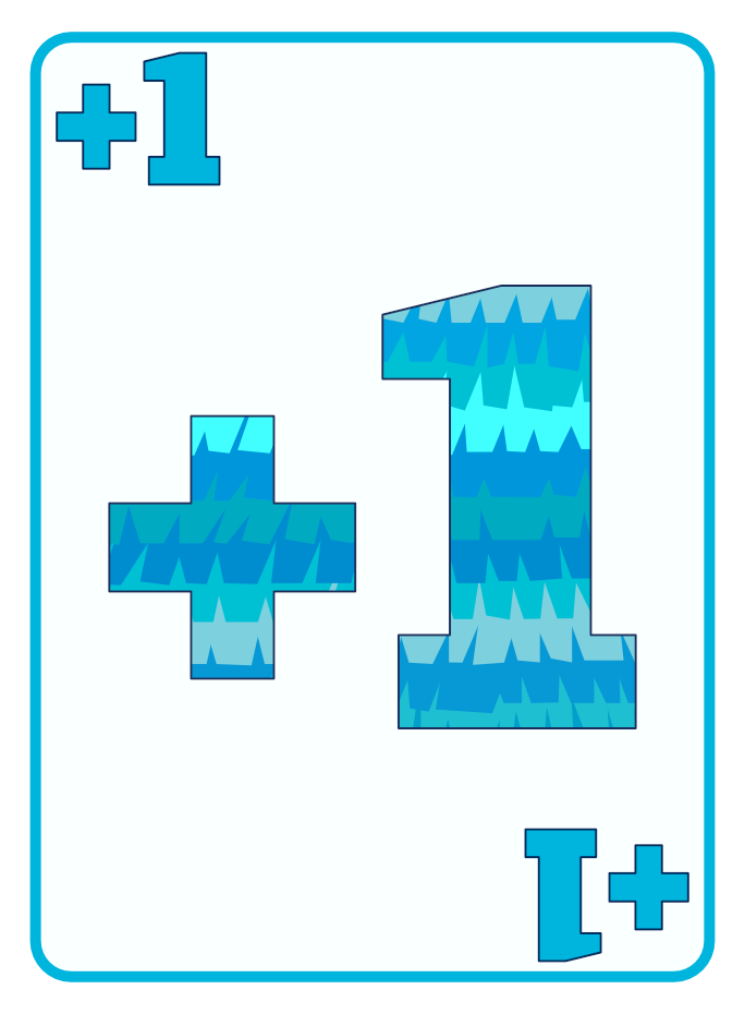 A digital card with a blue icy design, displaying the math expression '+1 +' with the numbers plus and one, and smaller plus signs in the corners.