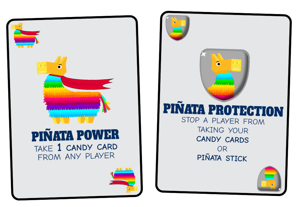 Two card designs featuring a colorful piñata llama. The left card says "Piñata Power" with a llama illustration and instructions to take one candy card from any player. The right card says "Piñata Protection" with a llama illustration and instructions to stop a player from taking candy cards or their piñata stick.
