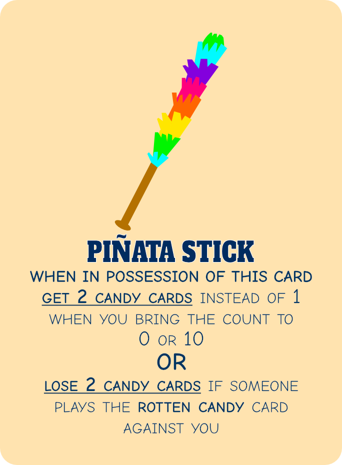 A colorful piñata stick with multiple vibrant sections, set against a light beige background, with instructions for a game involving candy cards and penalties.
