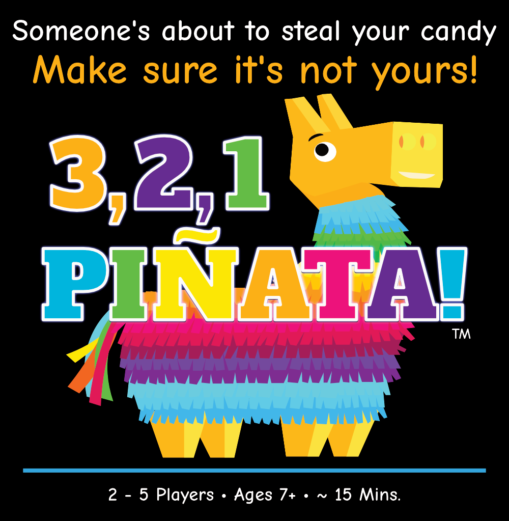 Colorful game box cover featuring a llama with a rainbow-colored body and a yellow head, with text warning about candy theft, and the game title "3, 2, 1 PINATA!" in large, multicolored letters. Suitable for ages 7 and up, for 2 to 5 players, about 15 minutes.