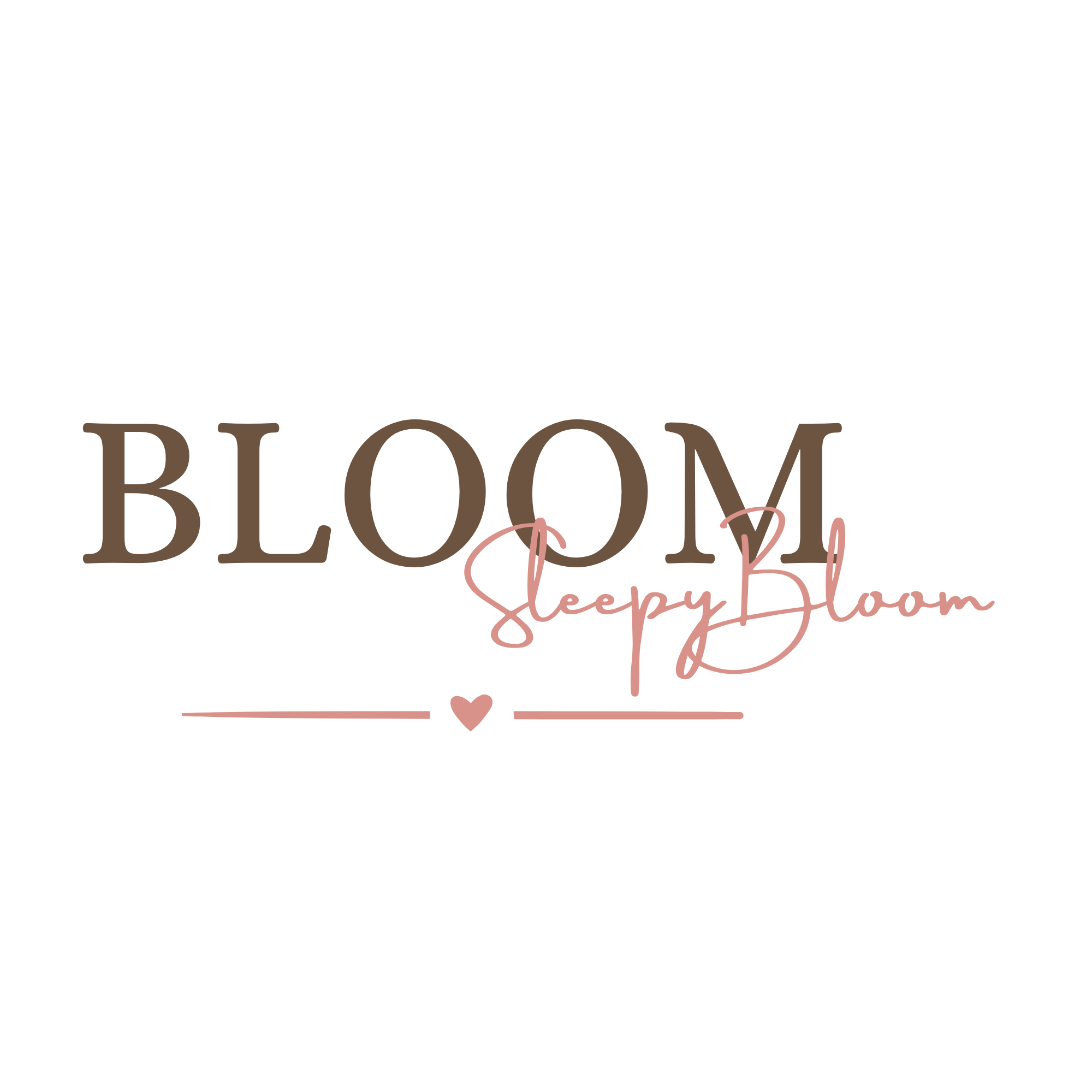Text auf einer weißen Hintergrund: 'BLOOM & SLEEPY BLOOM' in verschiedenen Schriftarten und Farben, mit kleinen dekorativen Elementen wie Herzen und Linien.