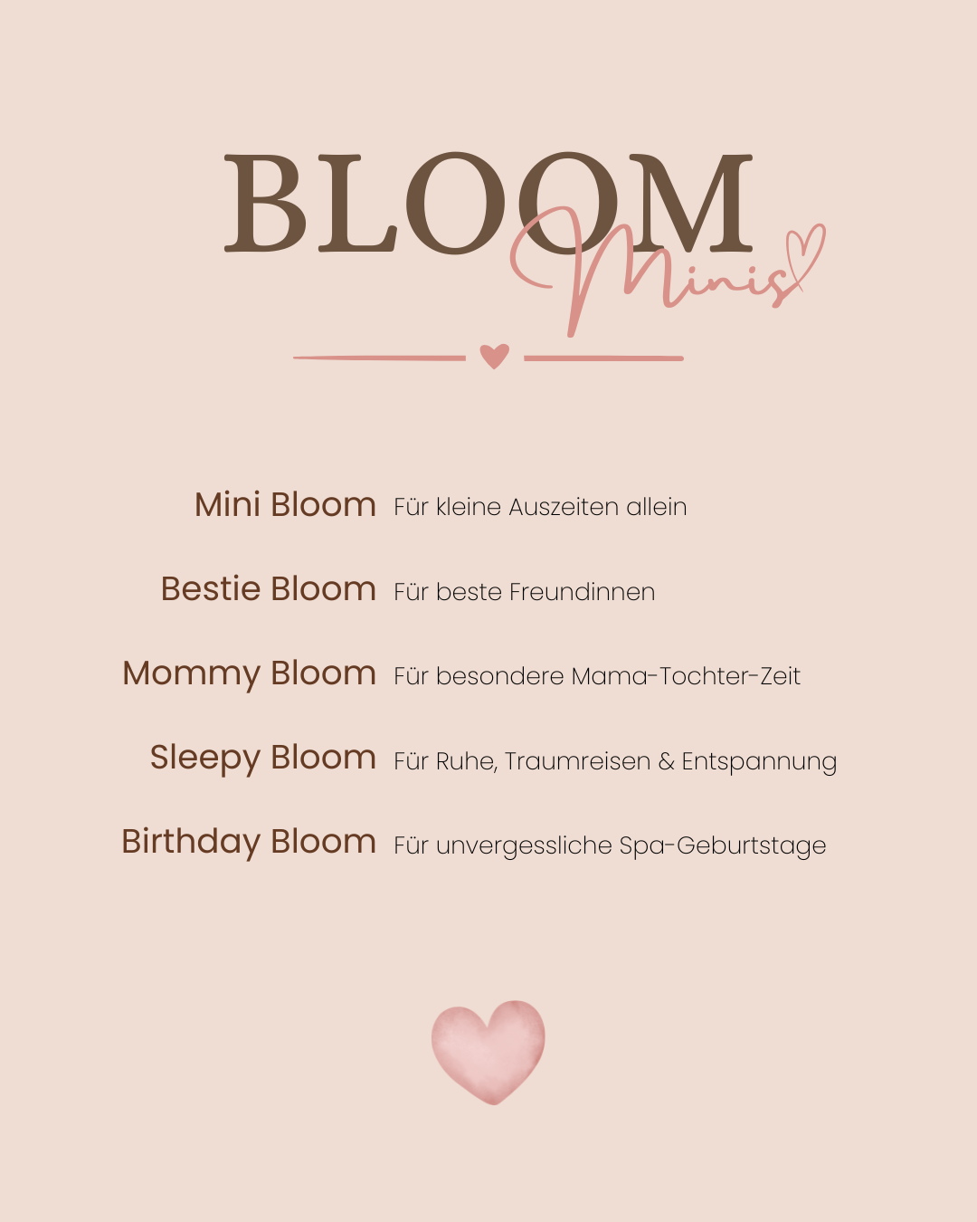 Ein rosa Hintergrund mit Text über Mini-Blumen für verschiedene Anlässe, inklusive dekorativer Herzsymbole.