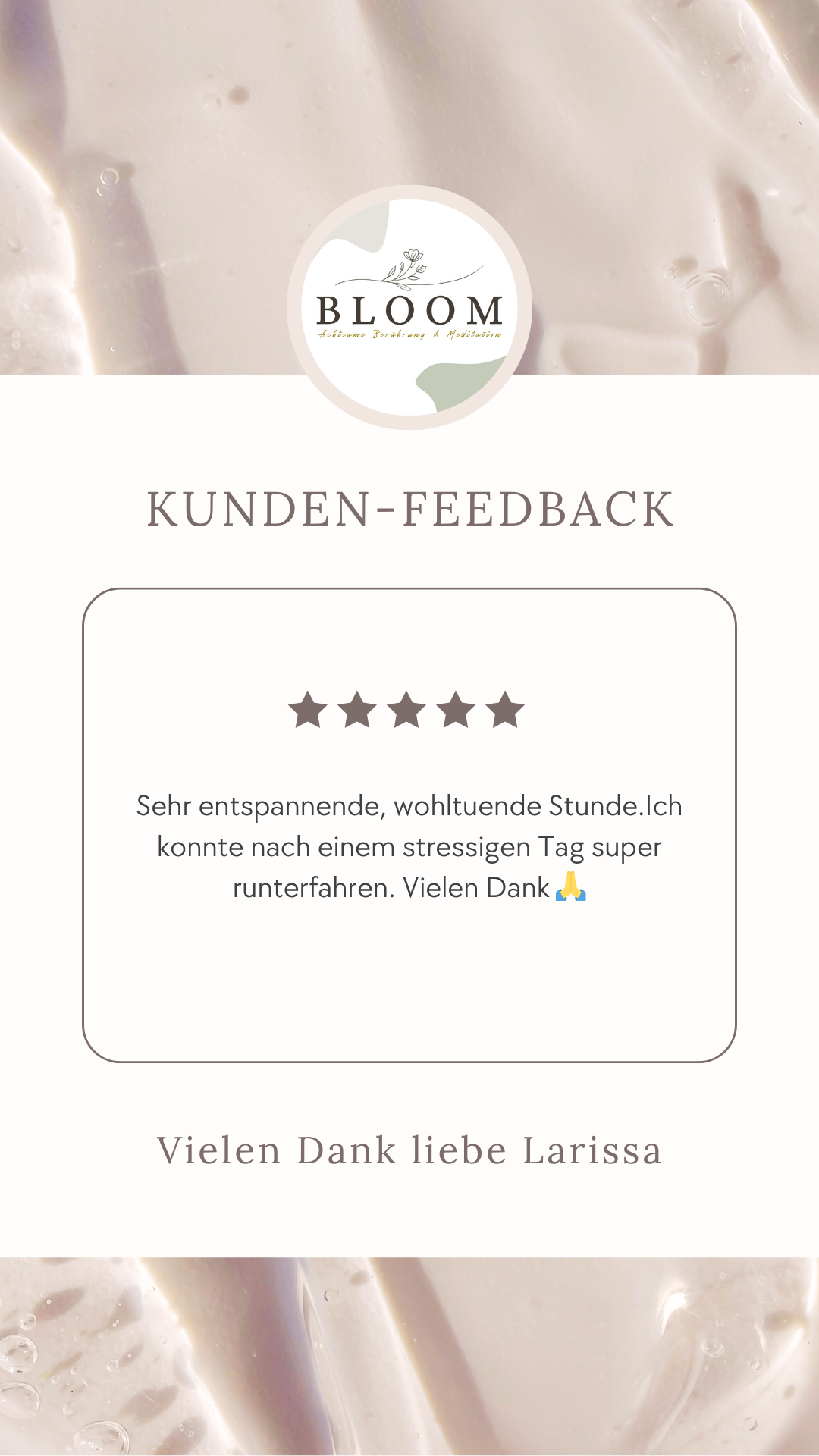 Kunden-Feedback Formular mit einem fünf-Sterne Bewertungssystem und einem Dankestext von Larissa.