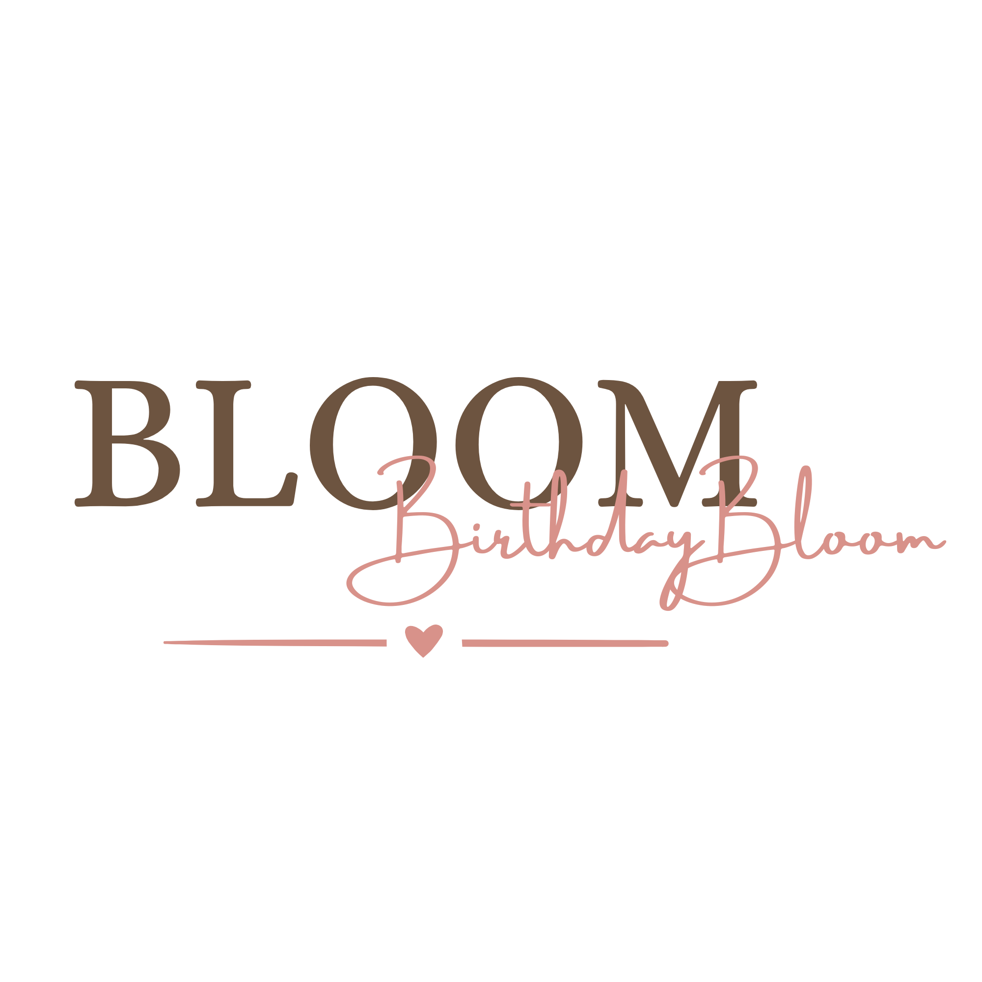 Geschmückter Geburtstagsbaum mit Schriftzug 'Bloom' und 'Birthday Bloom' in rosa.