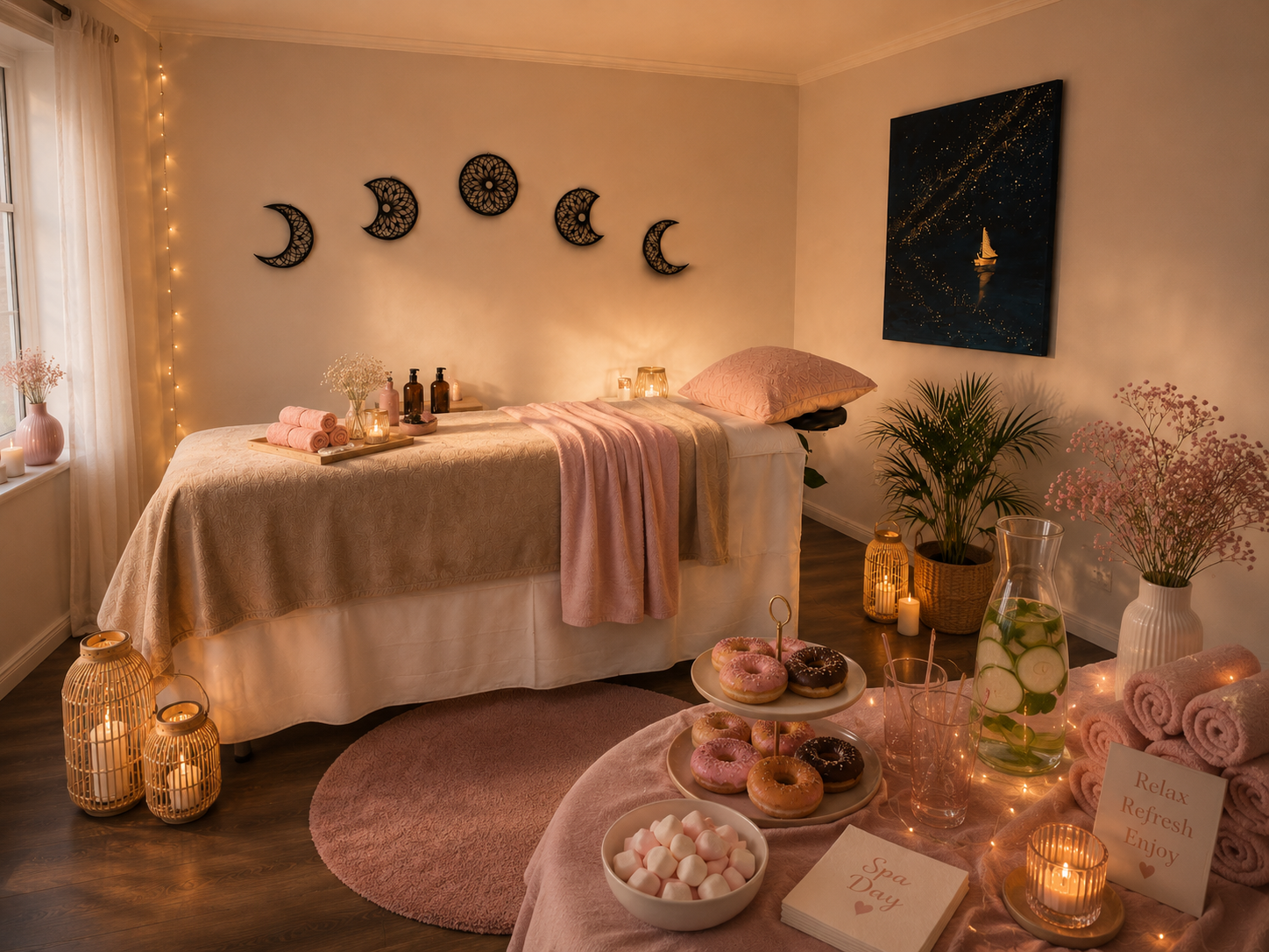 Ein Spa-Raum mit Massagebett, Kerzen, Blumen, Dekorationen in warmem Licht, eine Tischplatte mit Süßigkeiten, und entspannte Atmosphäre.