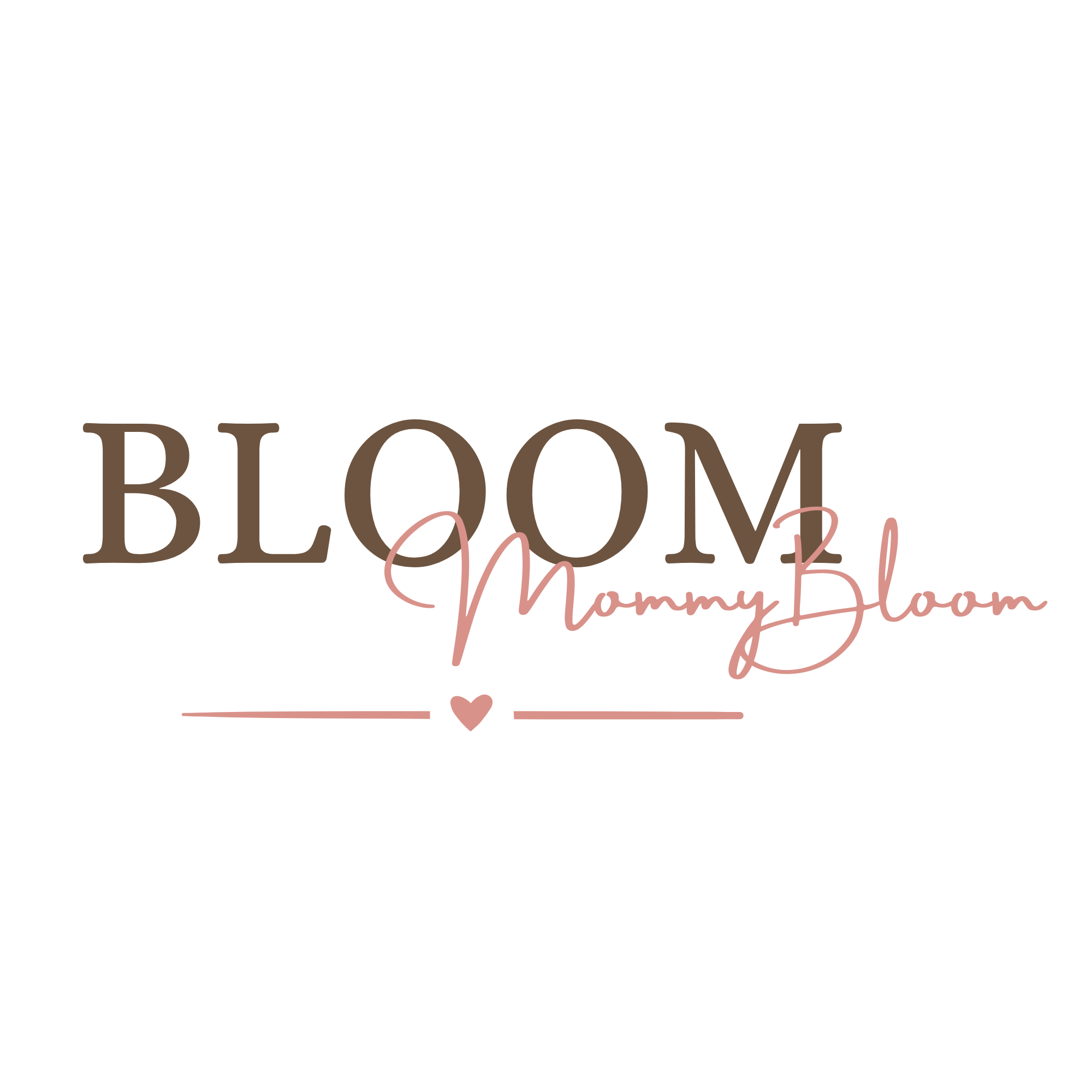 Grafik mit dem Text "BLOOM Mommy Bloom" und einem kleinen Herz darunter.